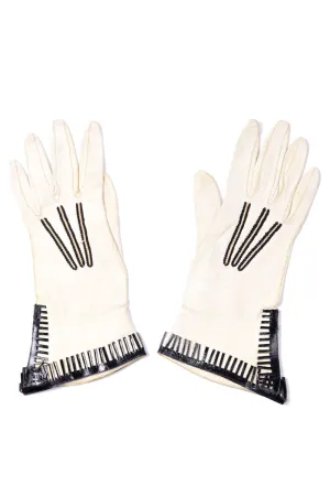 1940s Vallet Paris White Leather Gauntlet Gloves w/ Black Fringe 6