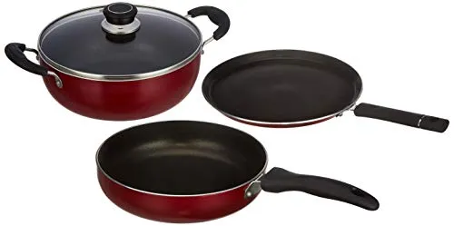 Amazon Brand - Solimo 3-Piece Aluminium Cookware Set - Fry Pan,Kadhai&Tawa|2-Way 3 Layer Non-Stick Coating|Induction Friendly Design|Pfoa Free|High Temperature Resistant Exterior Coating,Maroon