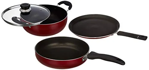 Amazon Brand - Solimo 3-Piece Aluminium Cookware Set - Fry Pan,Kadhai&Tawa|2-Way 3 Layer Non-Stick Coating|Induction Friendly Design|Pfoa Free|High Temperature Resistant Exterior Coating,Maroon