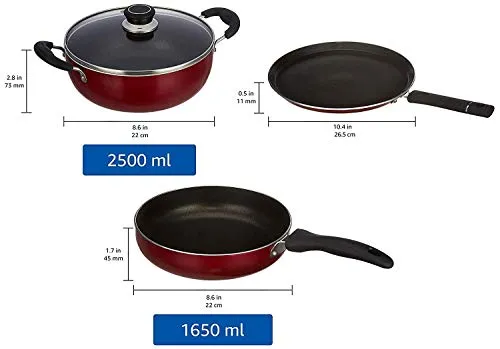 Amazon Brand - Solimo 3-Piece Aluminium Cookware Set - Fry Pan,Kadhai&Tawa|2-Way 3 Layer Non-Stick Coating|Induction Friendly Design|Pfoa Free|High Temperature Resistant Exterior Coating,Maroon