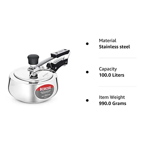 Borosil Pronto Induction Base Inner Lid Stainless Steel Pressure Cooker, 6.8 mm Thick Base, 1 L