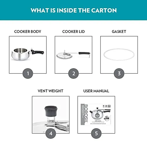 Borosil Pronto Induction Base Inner Lid Stainless Steel Pressure Cooker, 6.8 mm Thick Base, 1 L