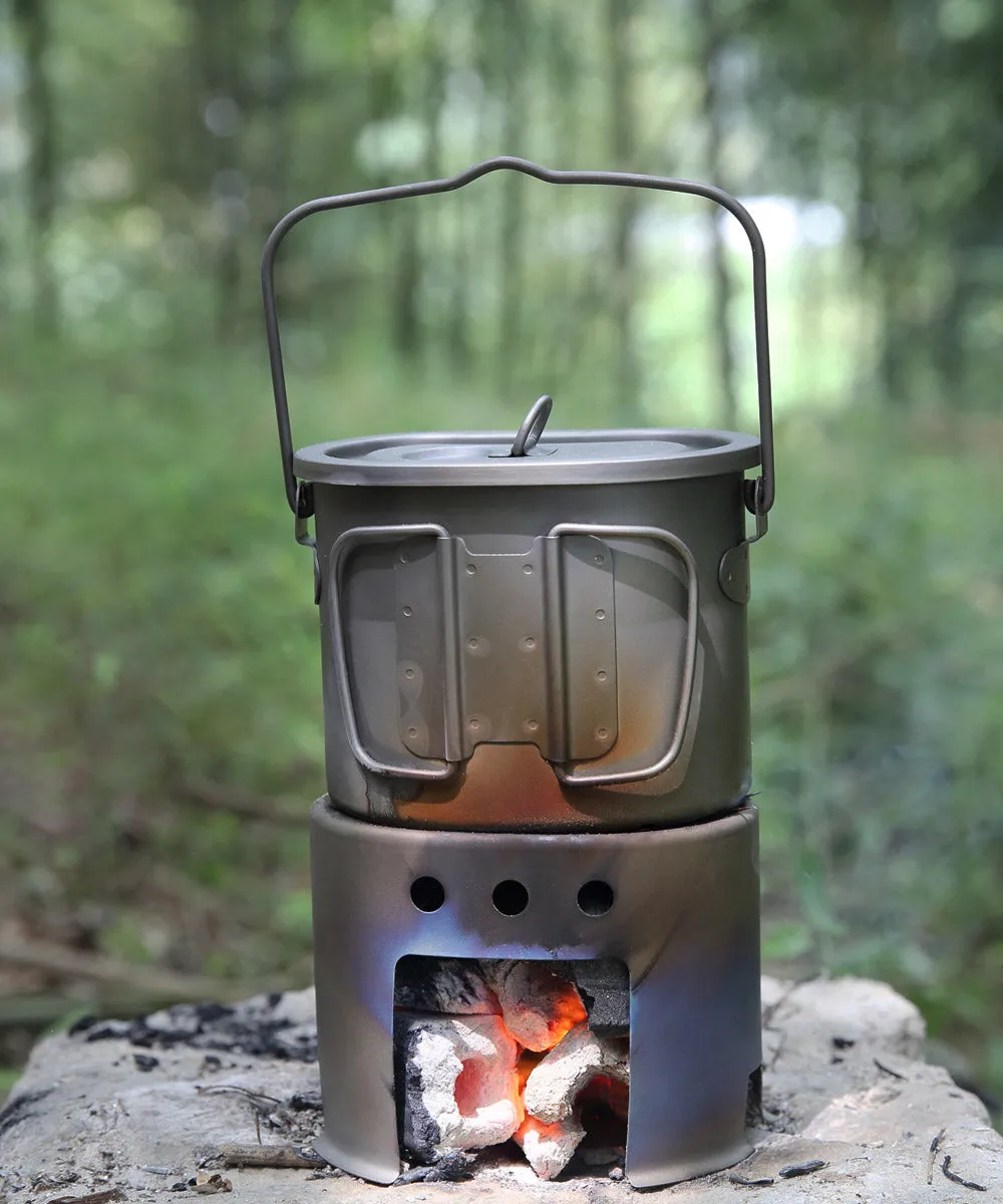 Boundless Voyage Outdoor Camping Titanium Pot Wood Stove set with Folding Handle Hanging Ring 2 in 1 Canteen Cup Furnace