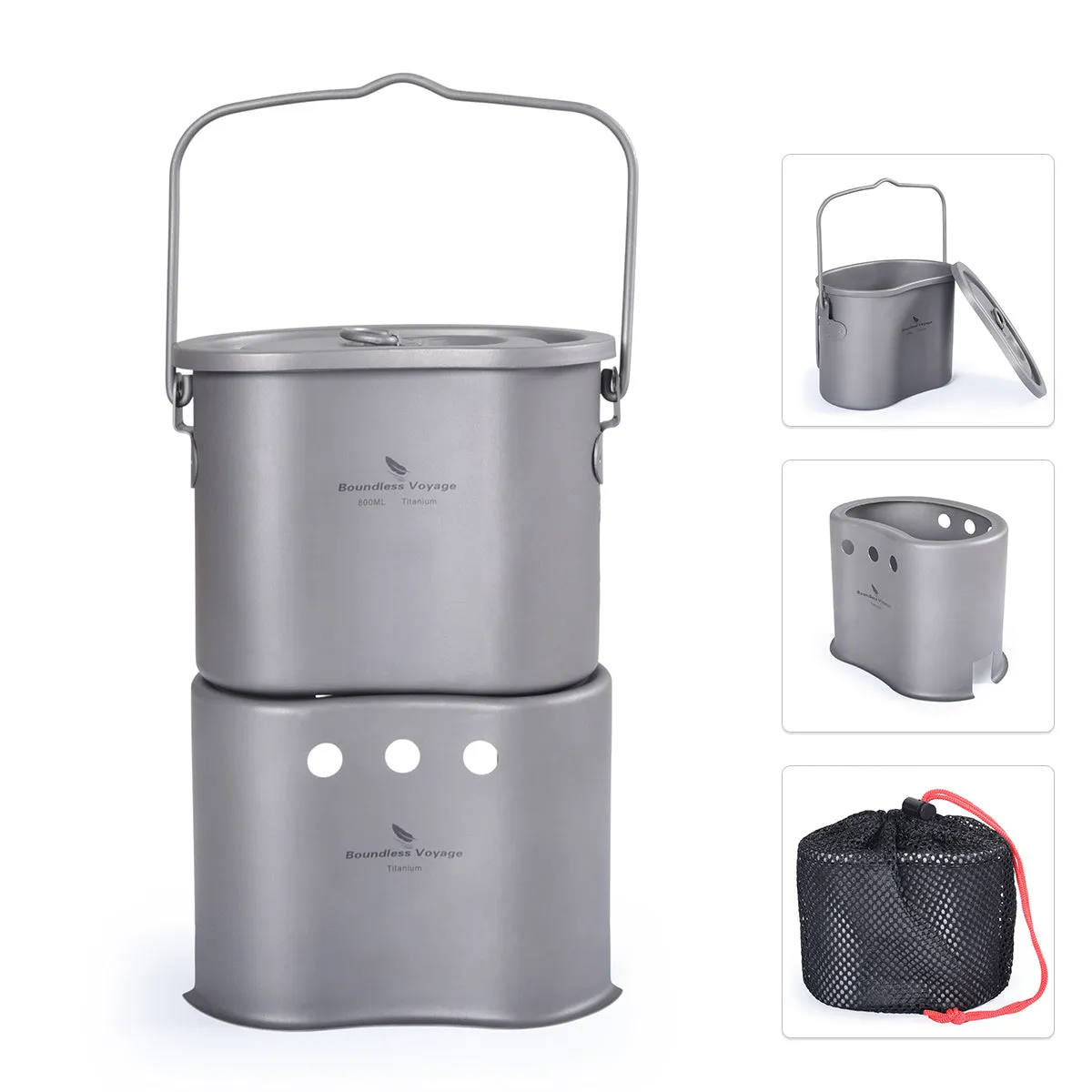 Boundless Voyage Outdoor Camping Titanium Pot Wood Stove set with Folding Handle Hanging Ring 2 in 1 Canteen Cup Furnace