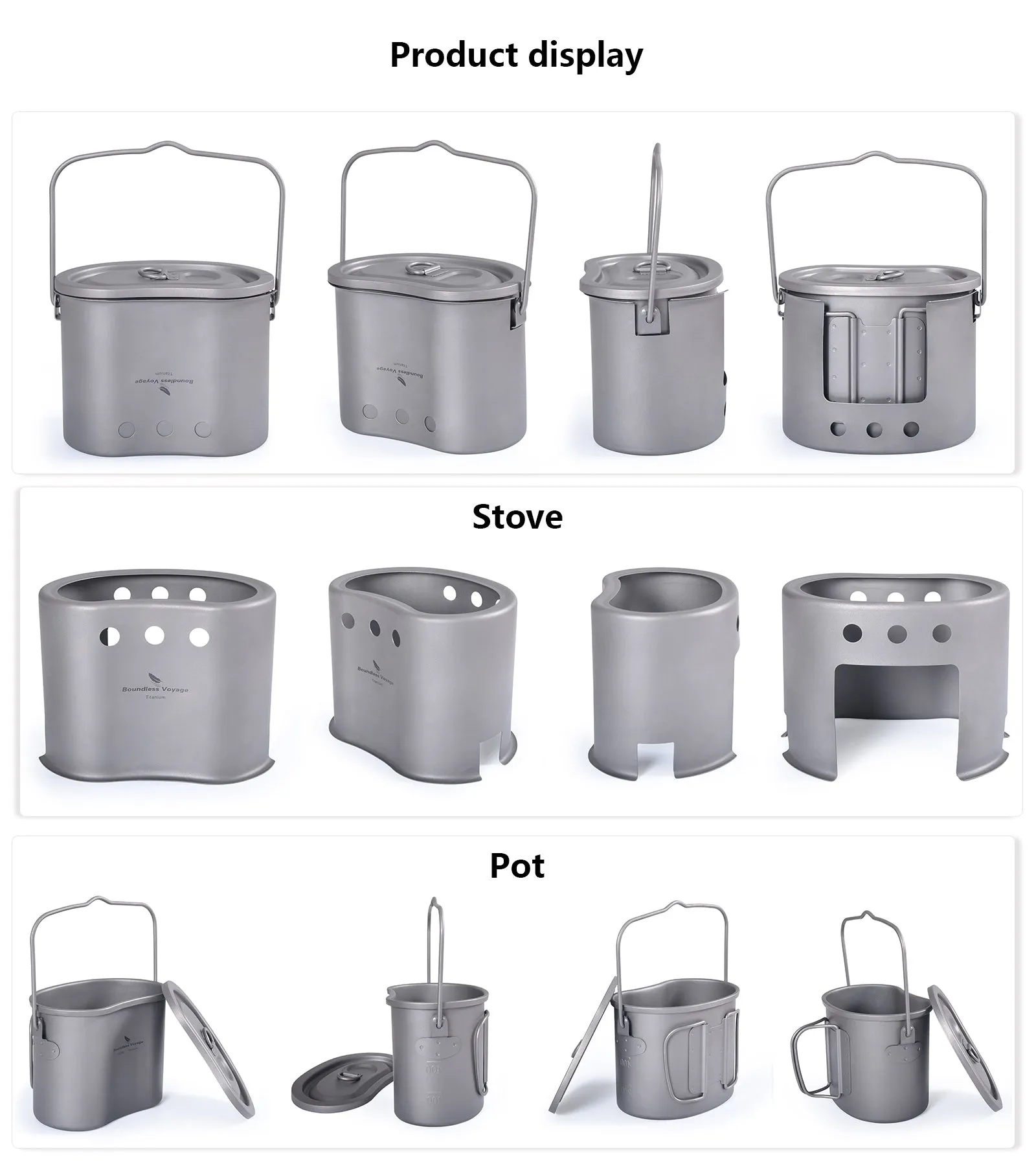 Boundless Voyage Outdoor Camping Titanium Pot Wood Stove set with Folding Handle Hanging Ring 2 in 1 Canteen Cup Furnace