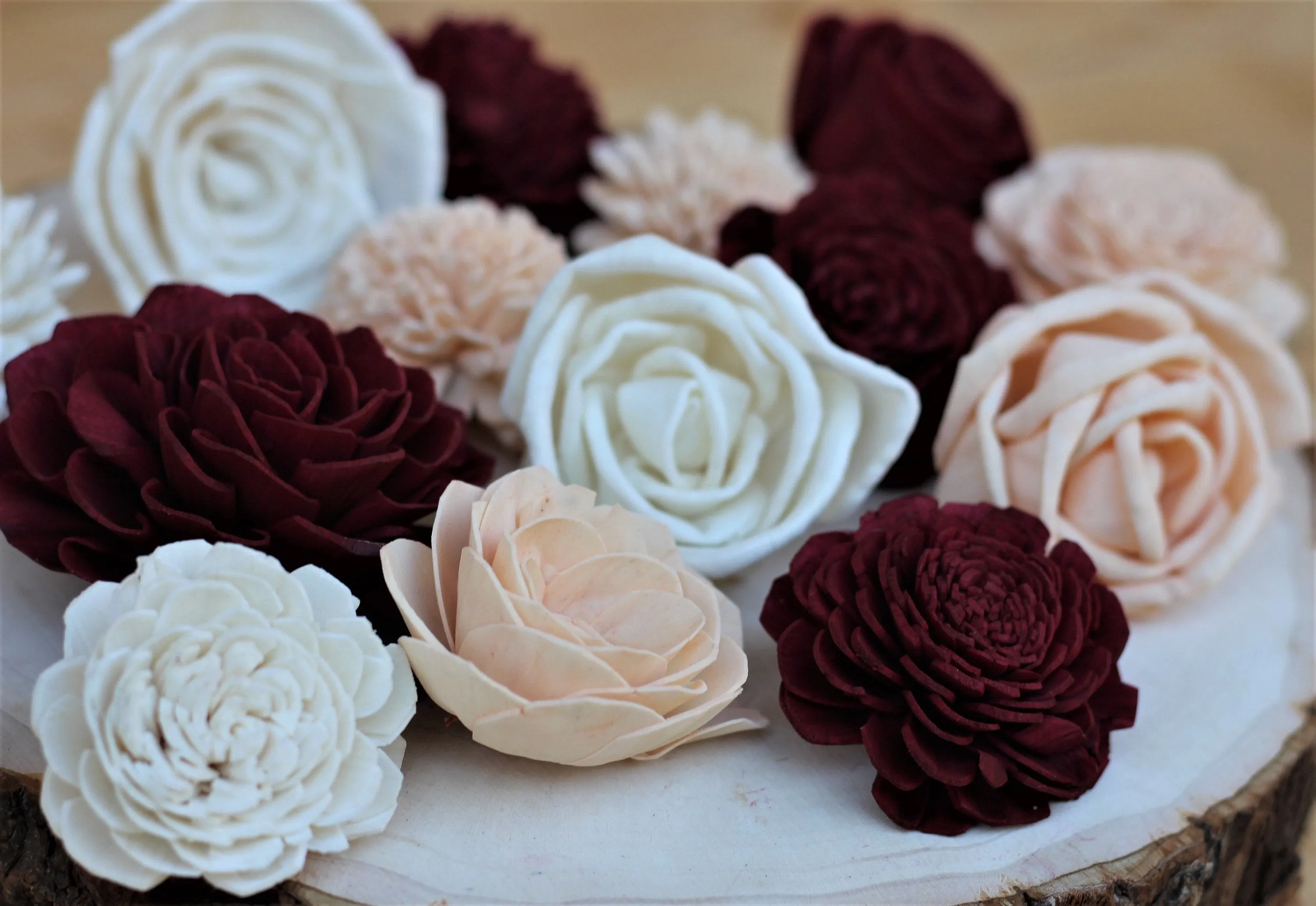 Burgundy/Marsala, Peach, White Mixed Assorted Sola Wood Flowers