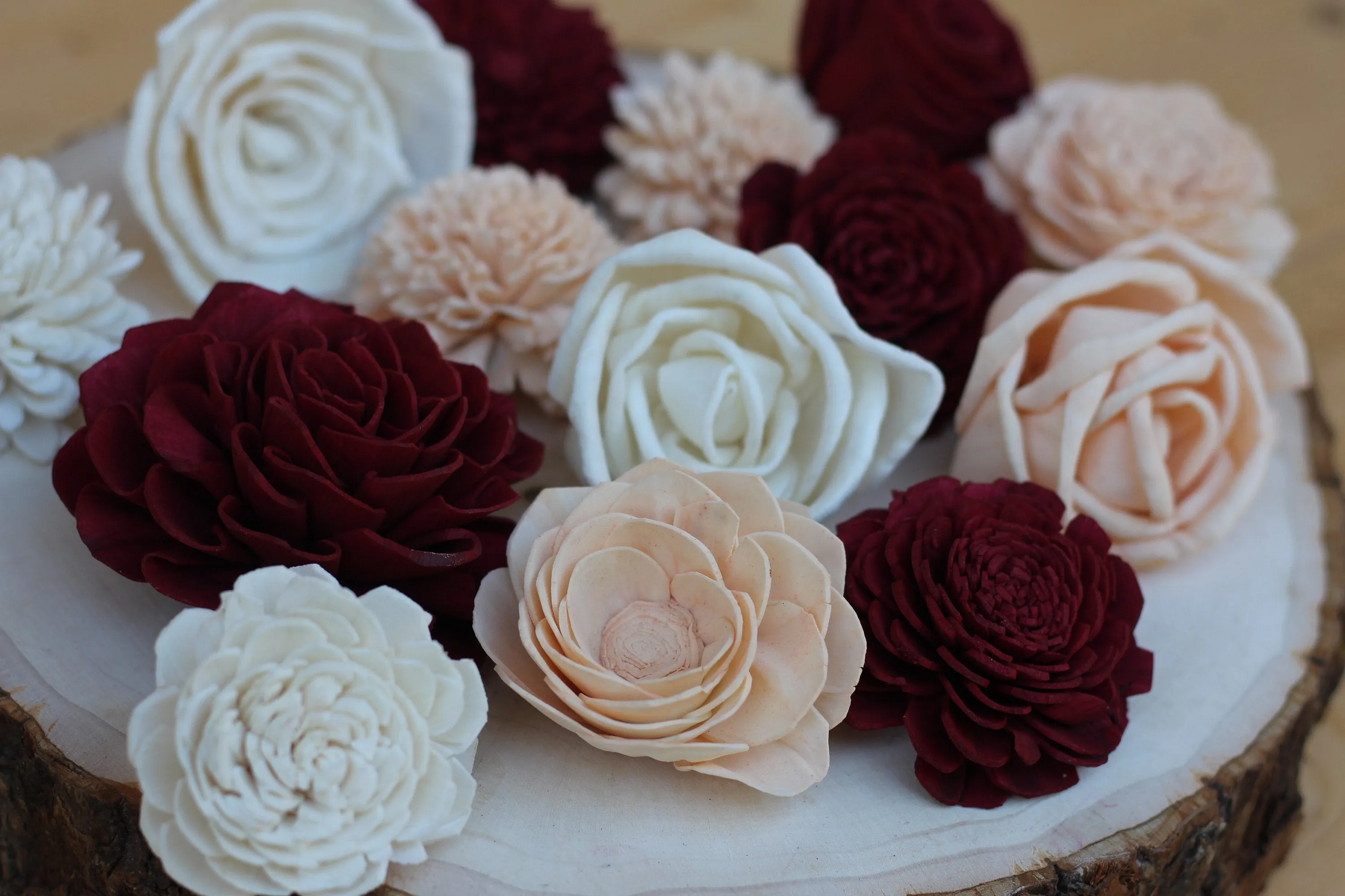 Burgundy/Marsala, Peach, White Mixed Assorted Sola Wood Flowers