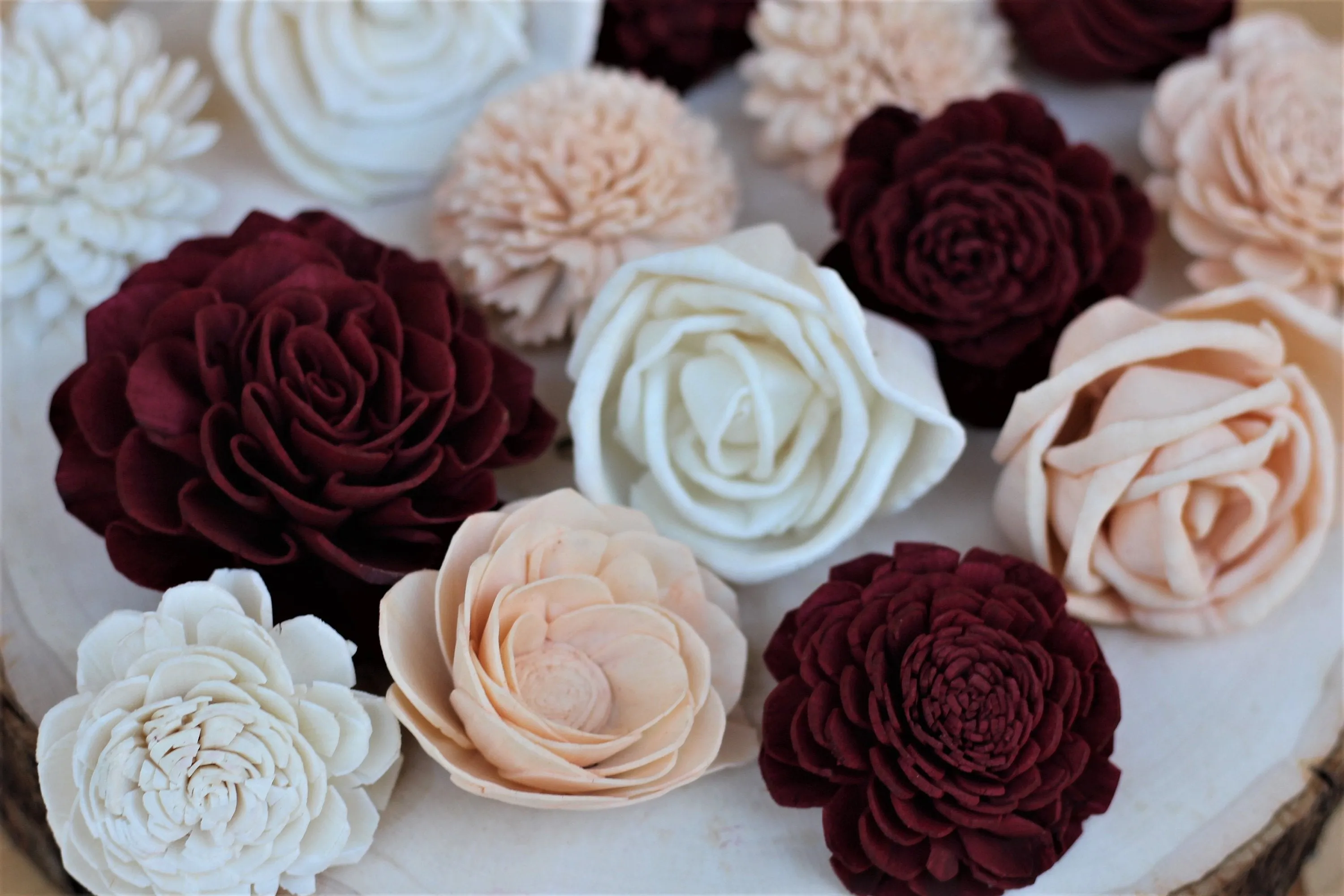 Burgundy/Marsala, Peach, White Mixed Assorted Sola Wood Flowers