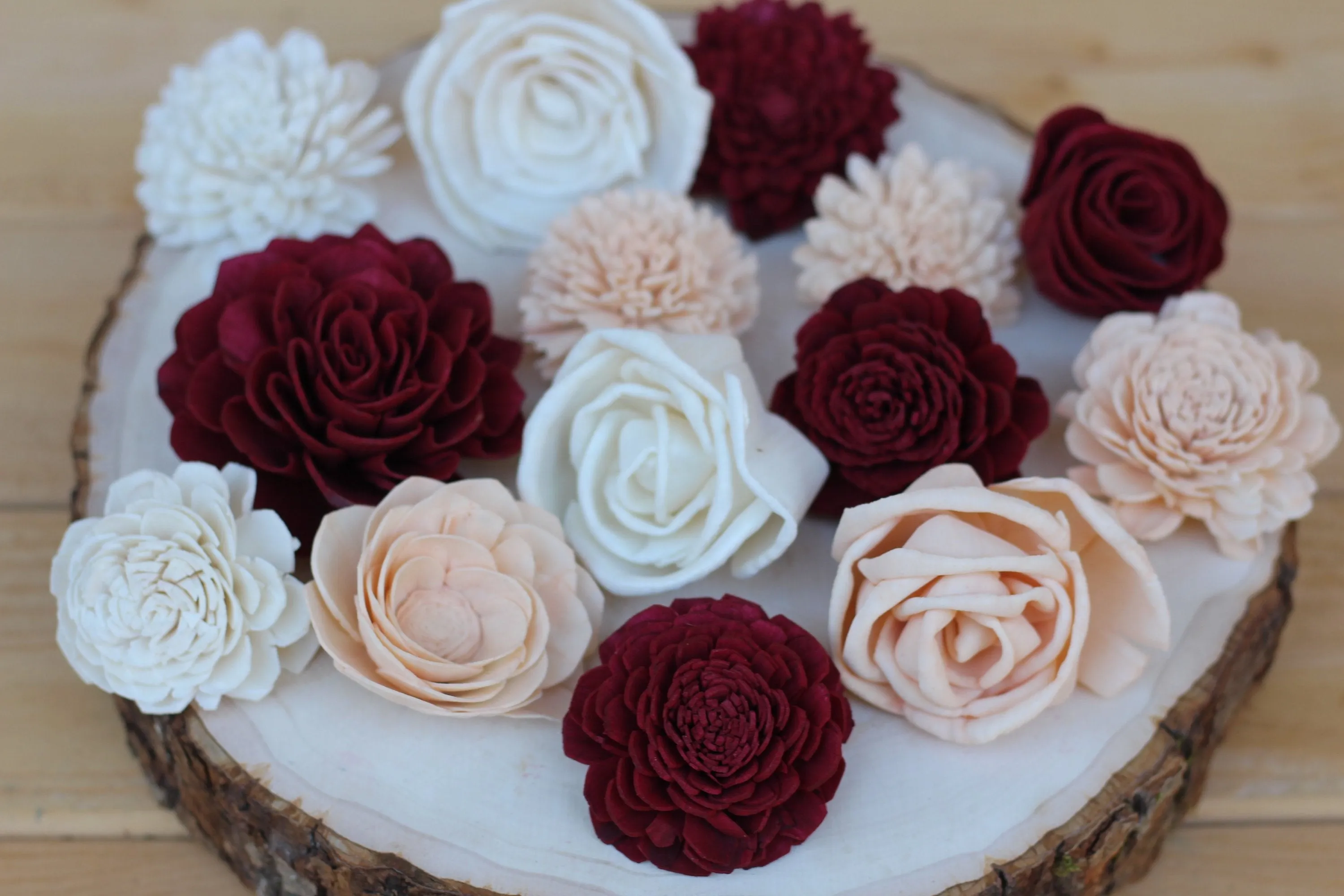 Burgundy/Marsala, Peach, White Mixed Assorted Sola Wood Flowers