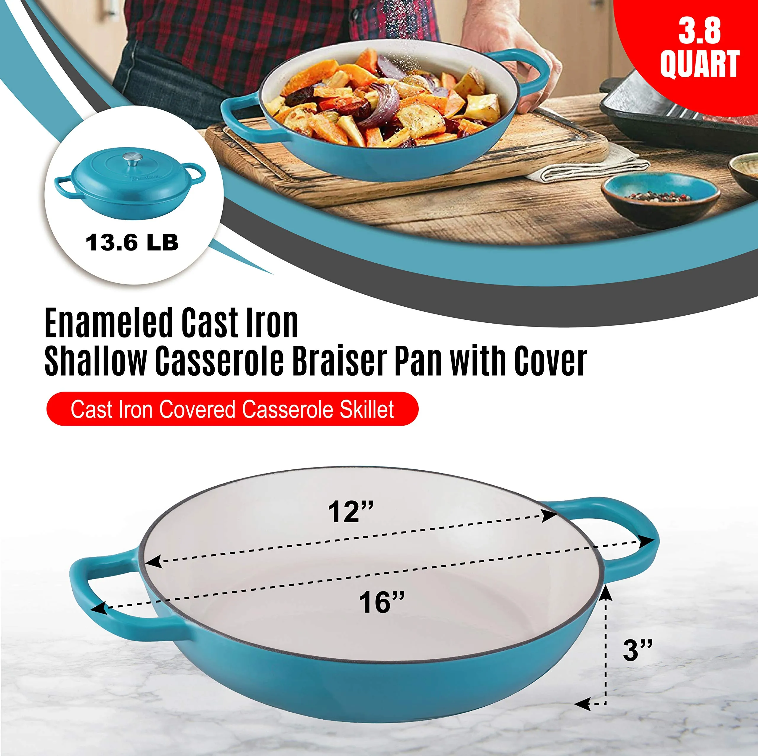 Enameled Cast Iron 2 Piece Gift Set, 3.8 Quart Braiser Pan with Lid, Rectangular Grill Pan