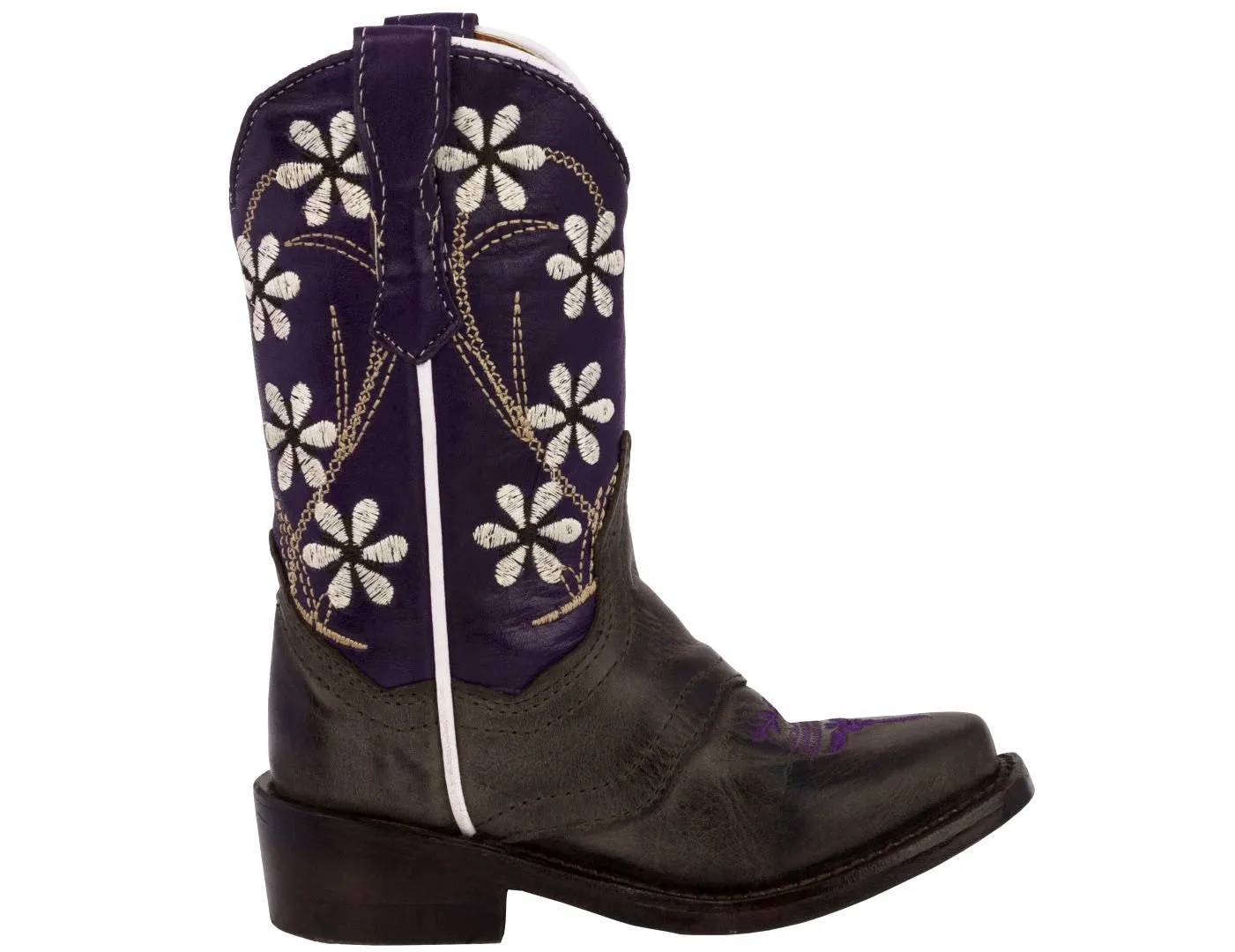 Girls Kids Purple & Brown Floral Embroidered Cowgirl Boots Snip Toe