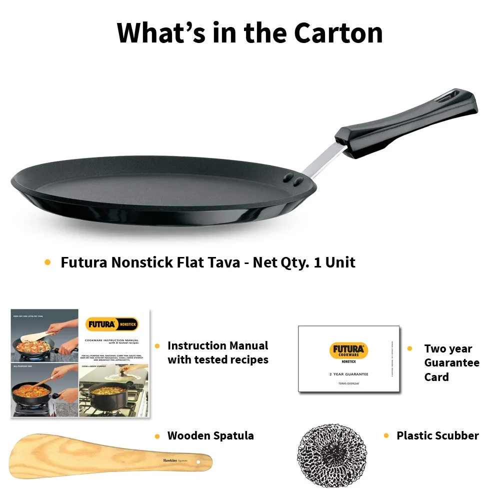 Hawkins Futura 26 cm Flat Tava, Non Stick Tawa with Plastic Handle, Tawa with Rim, Pancake Pan, Flat Pan, Black (NFT26P)