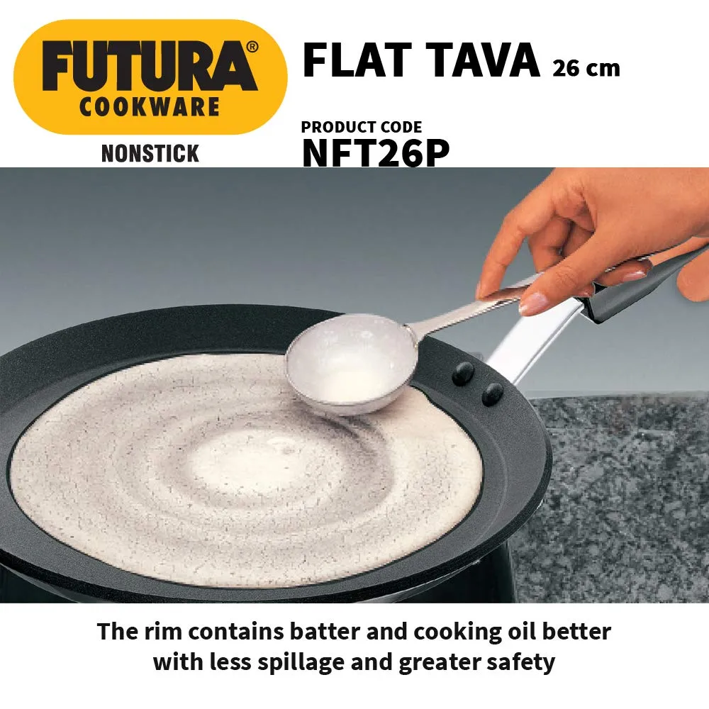 Hawkins Futura 26 cm Flat Tava, Non Stick Tawa with Plastic Handle, Tawa with Rim, Pancake Pan, Flat Pan, Black (NFT26P)