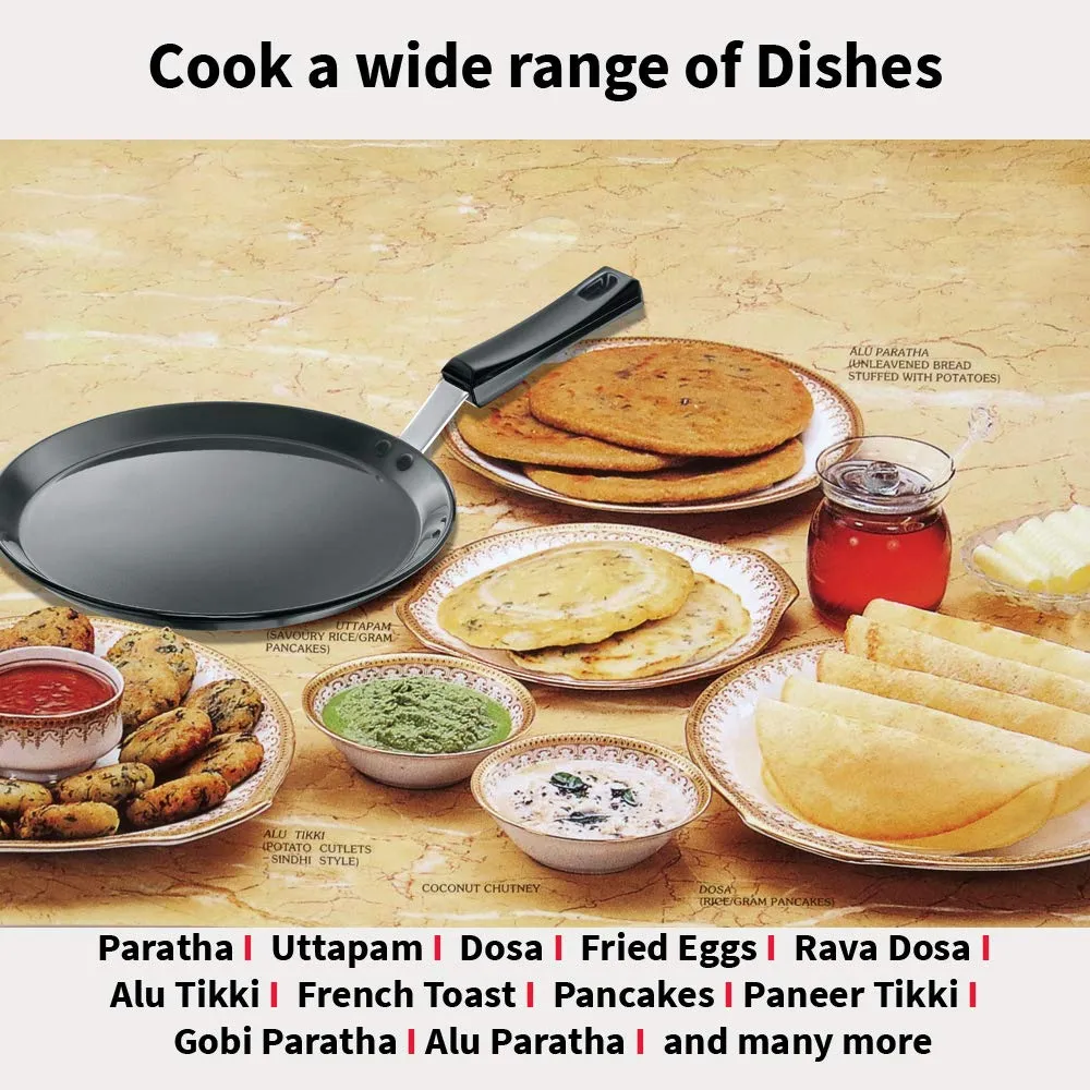 Hawkins Futura 26 cm Flat Tava, Non Stick Tawa with Plastic Handle, Tawa with Rim, Pancake Pan, Flat Pan, Black (NFT26P)