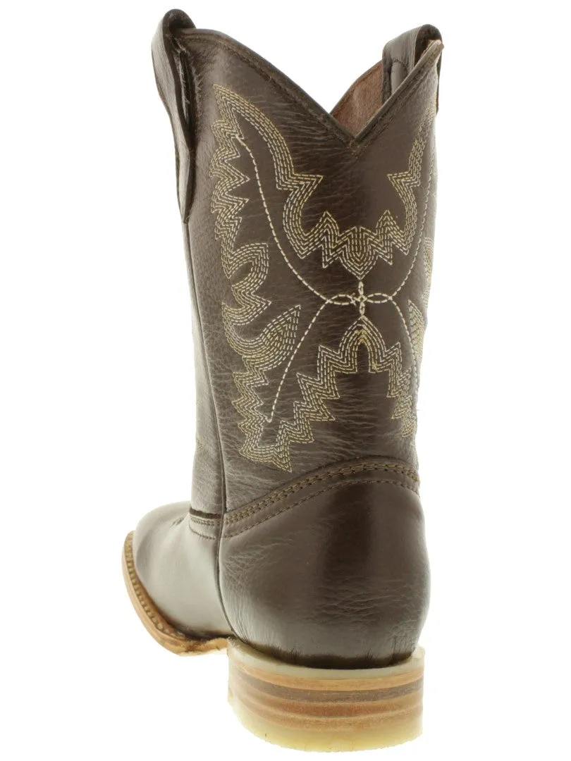 Kids Barcelona Brown Solid Leather Western Cowboy Boots - Square Toe