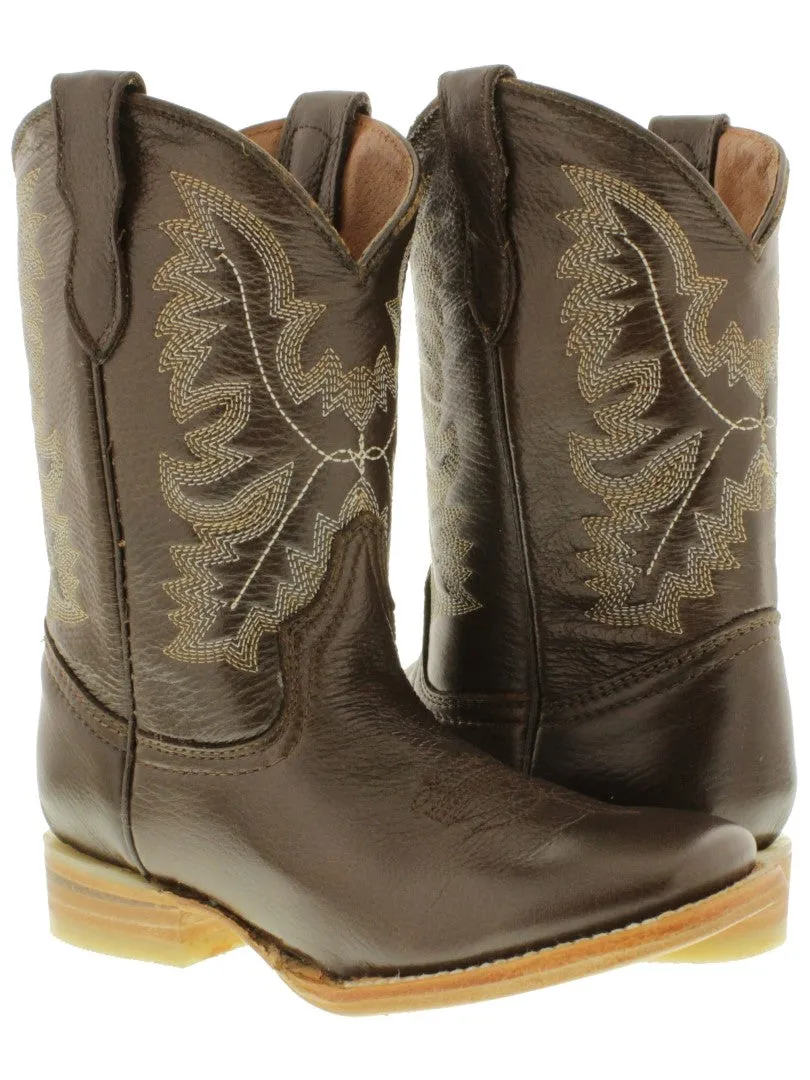 Kids Barcelona Brown Solid Leather Western Cowboy Boots - Square Toe