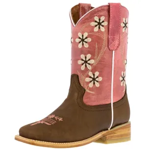 Kids Western Boots Floral Embroidery Leather Pink Cowgirl Square Toe Botas