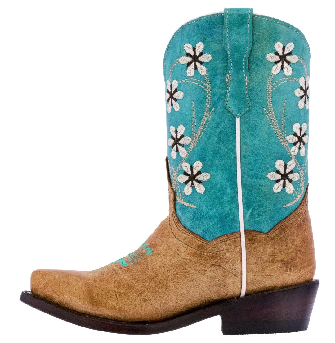 Kids Western Boots Flower Embroidered Distressed Leather Teal Snip Toe Botas