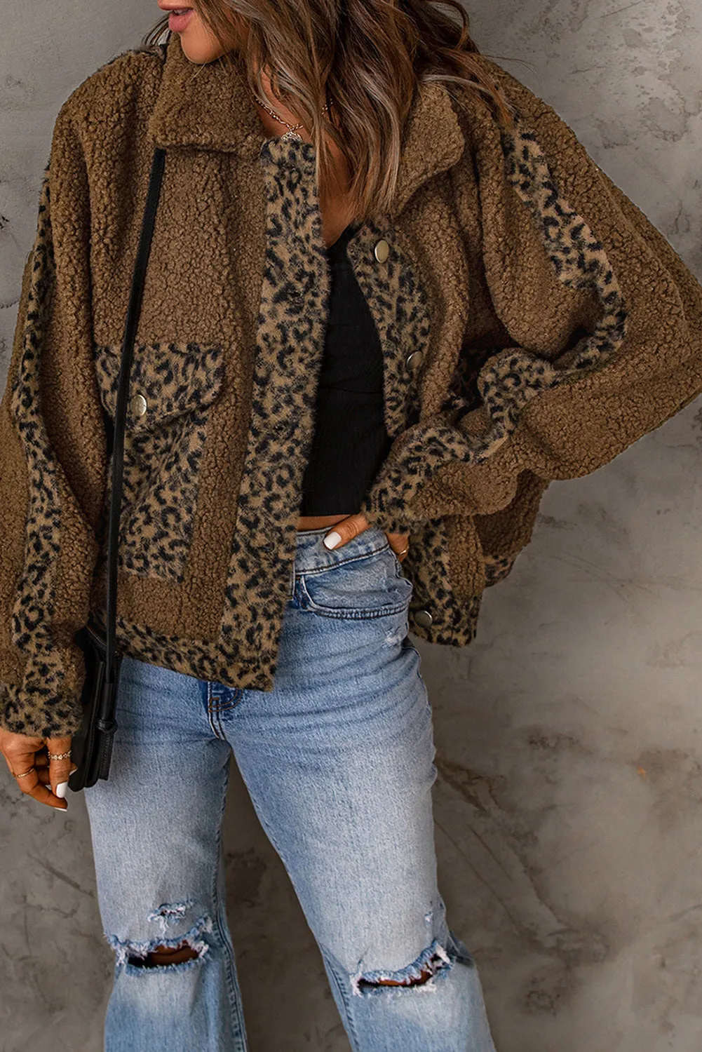 Leopard Patchwork Pocketed Sherpa Jacket