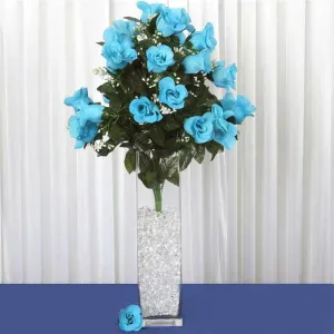 Long Stem Rose Bush Artificial Silk Flowers - Turquoise