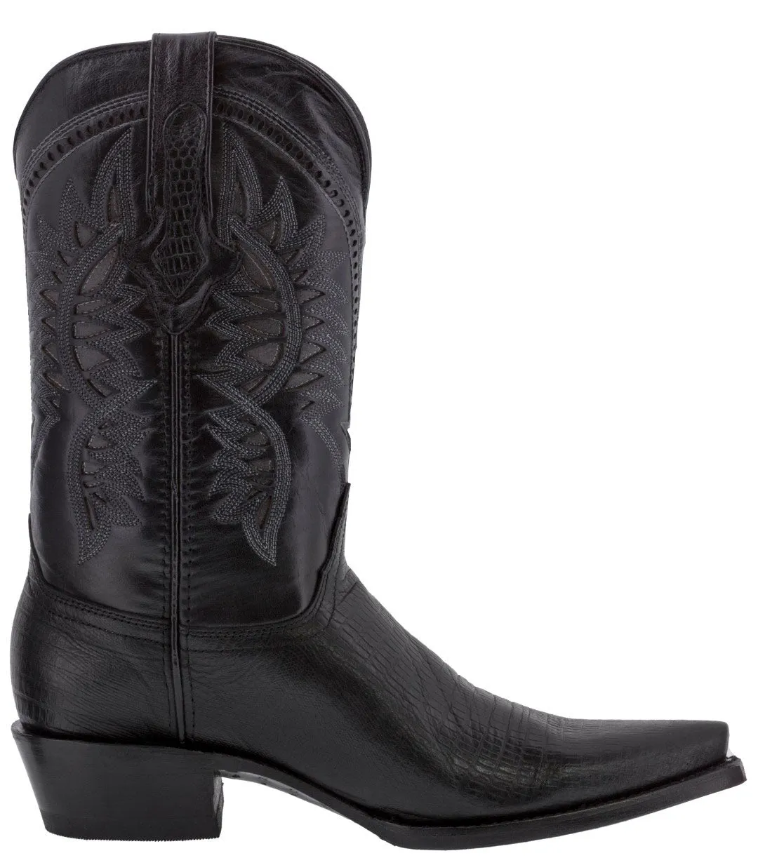 Mens Black Teju Lizard Print Leather Cowboy Boots Snip Toe