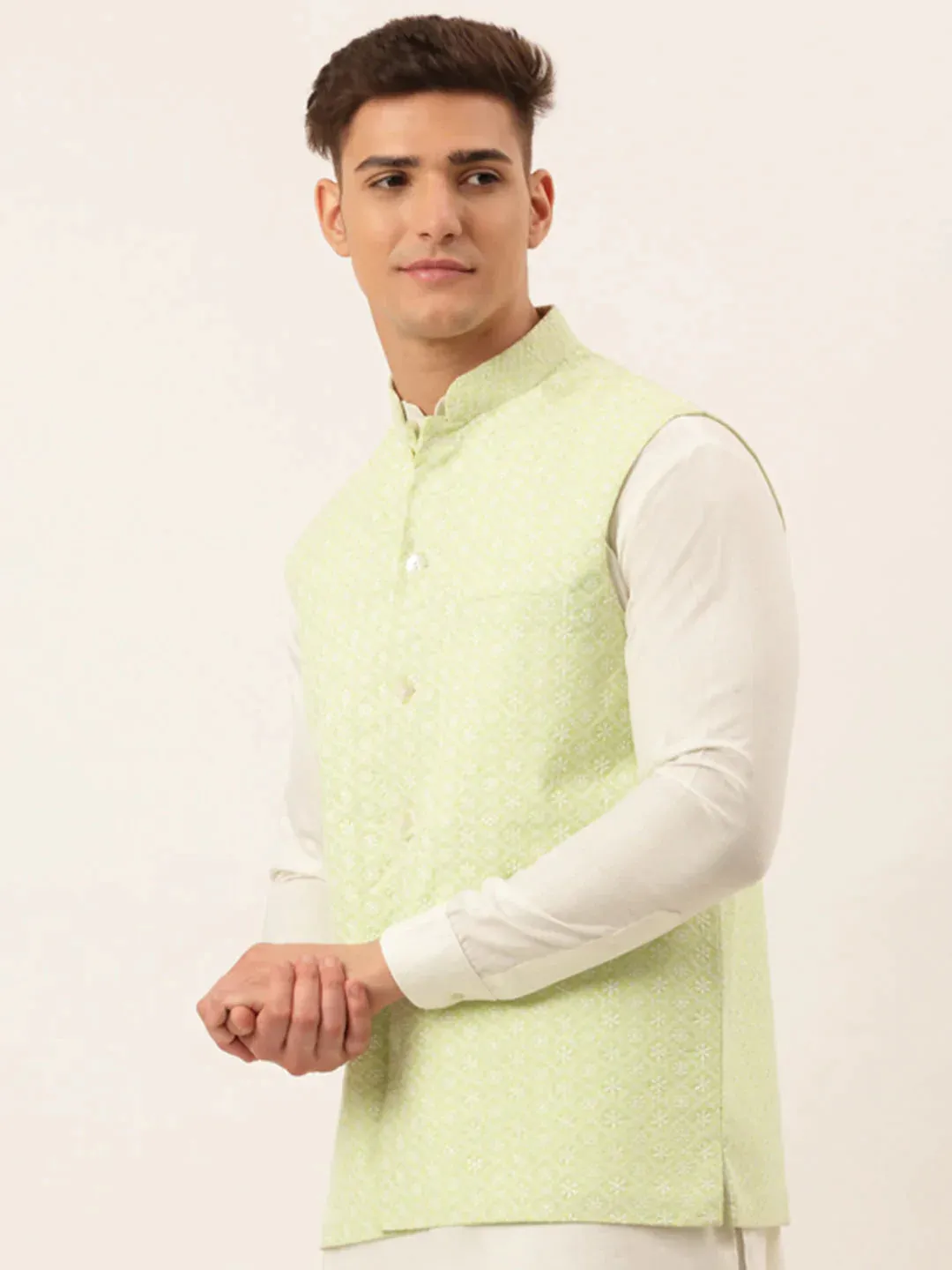 Men'S Green Embroidered Nehru Jackets