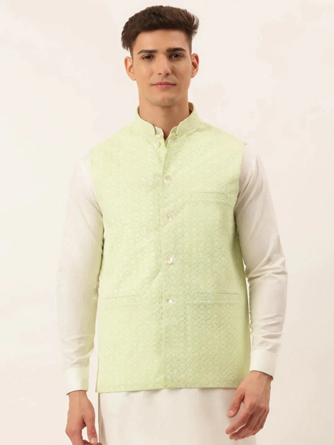 Men'S Green Embroidered Nehru Jackets