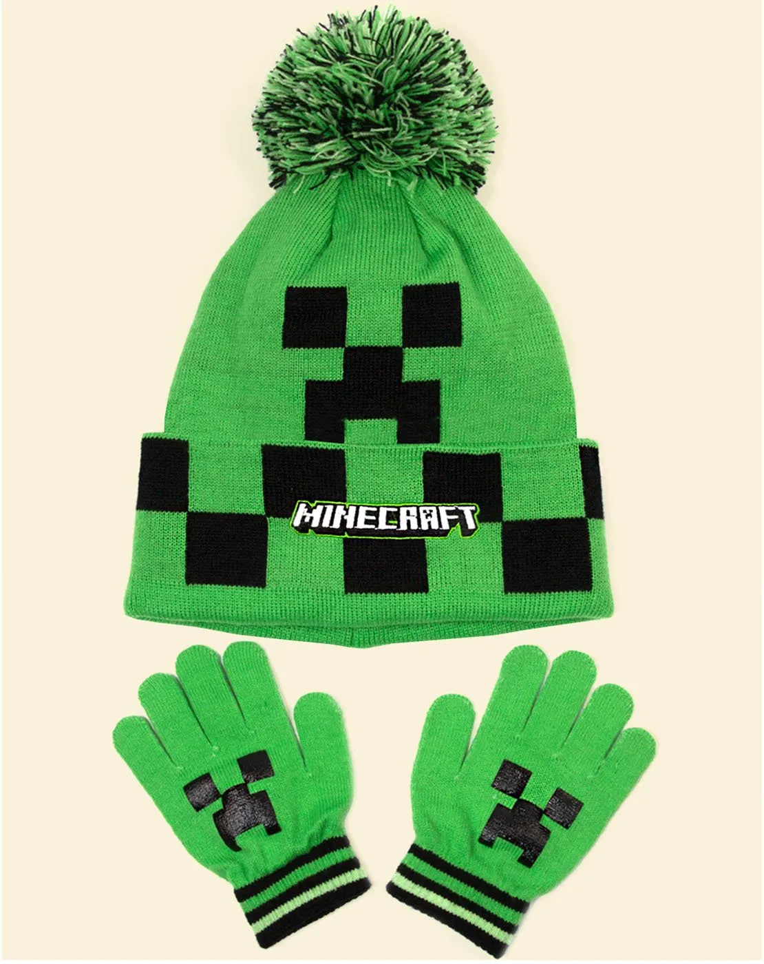 Minecraft Creeper Face Green Woolly Hat and Gloves Set