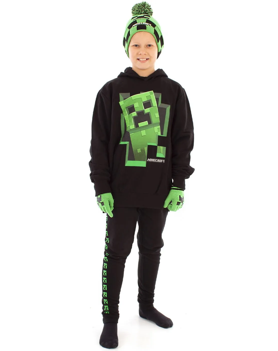 Minecraft Creeper Face Green Woolly Hat and Gloves Set