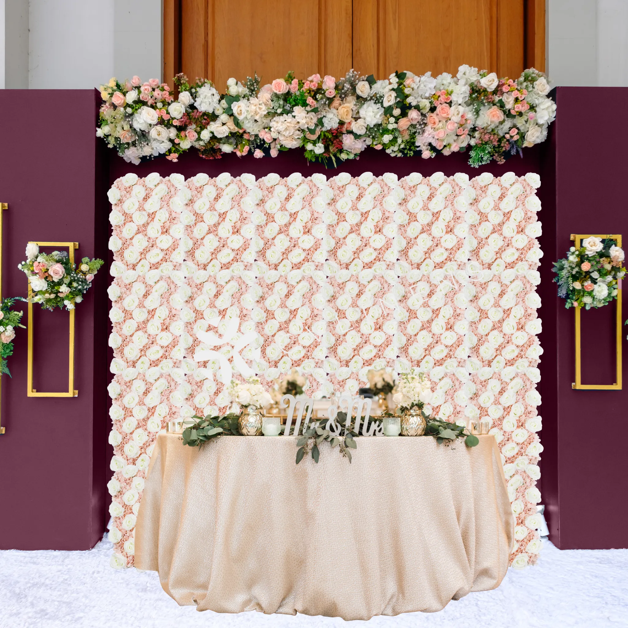 Silk Roses/Hydrangeas Flower Wall Backdrop Panel - Fuchsia