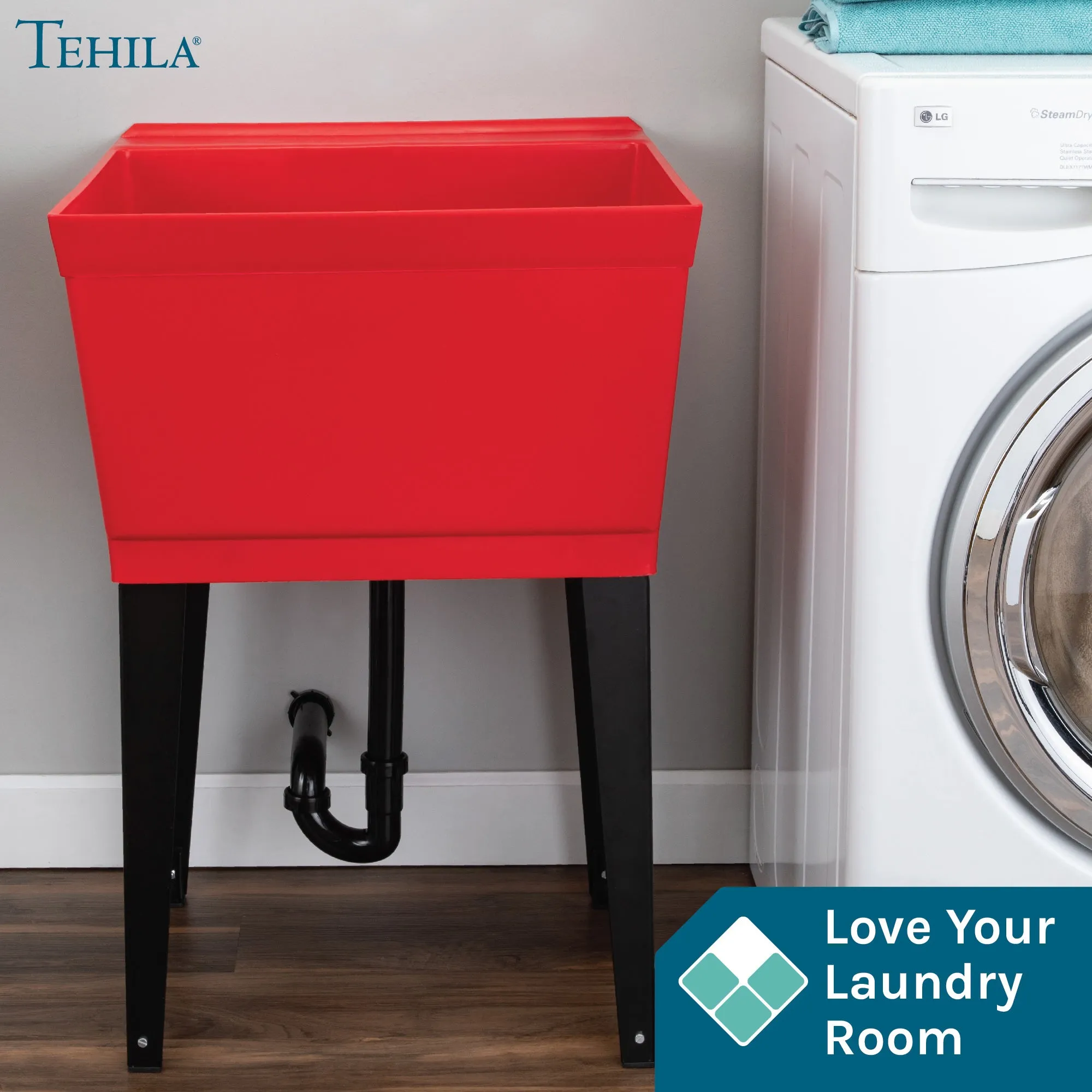 Tehila Standard Freestanding Red Utility Sink with Black Legs, No Supply Lines