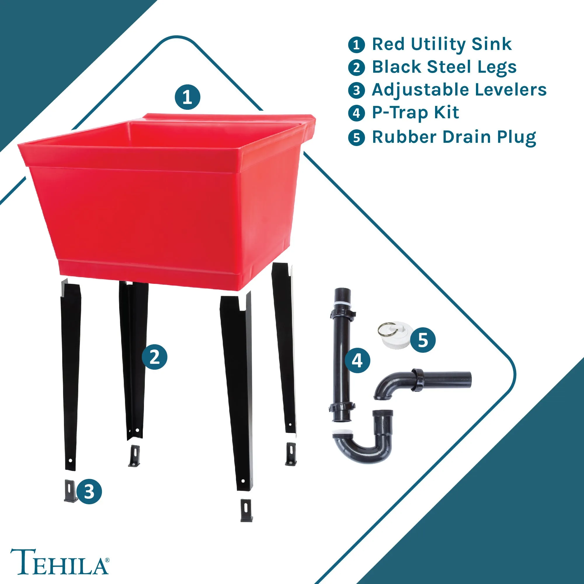 Tehila Standard Freestanding Red Utility Sink with Black Legs, No Supply Lines