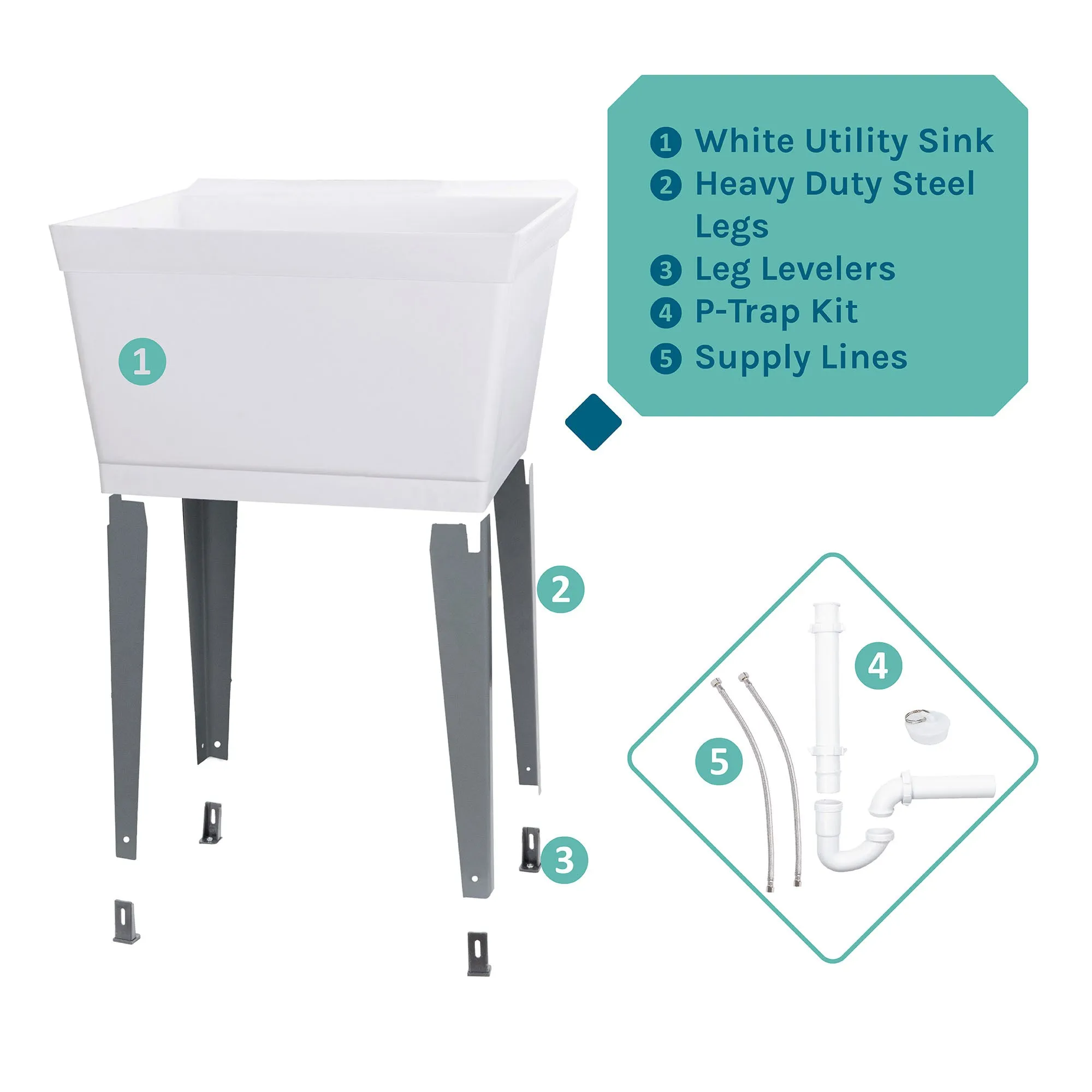 Tehila Standard Freestanding White Utility Sink with Grey Legs, Water Supply Lines Included