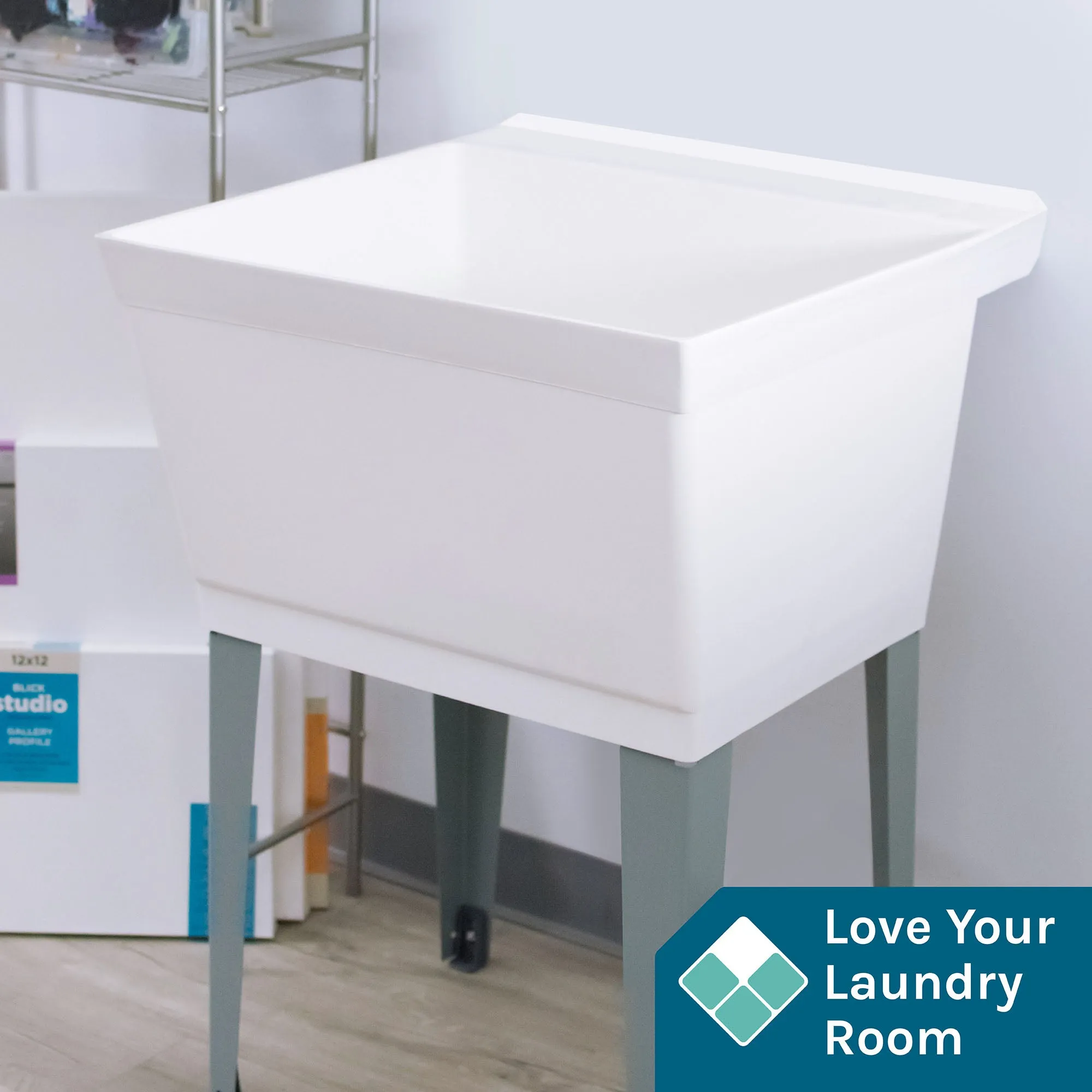 Tehila Standard Freestanding White Utility Sink with Grey Legs, Water Supply Lines Included