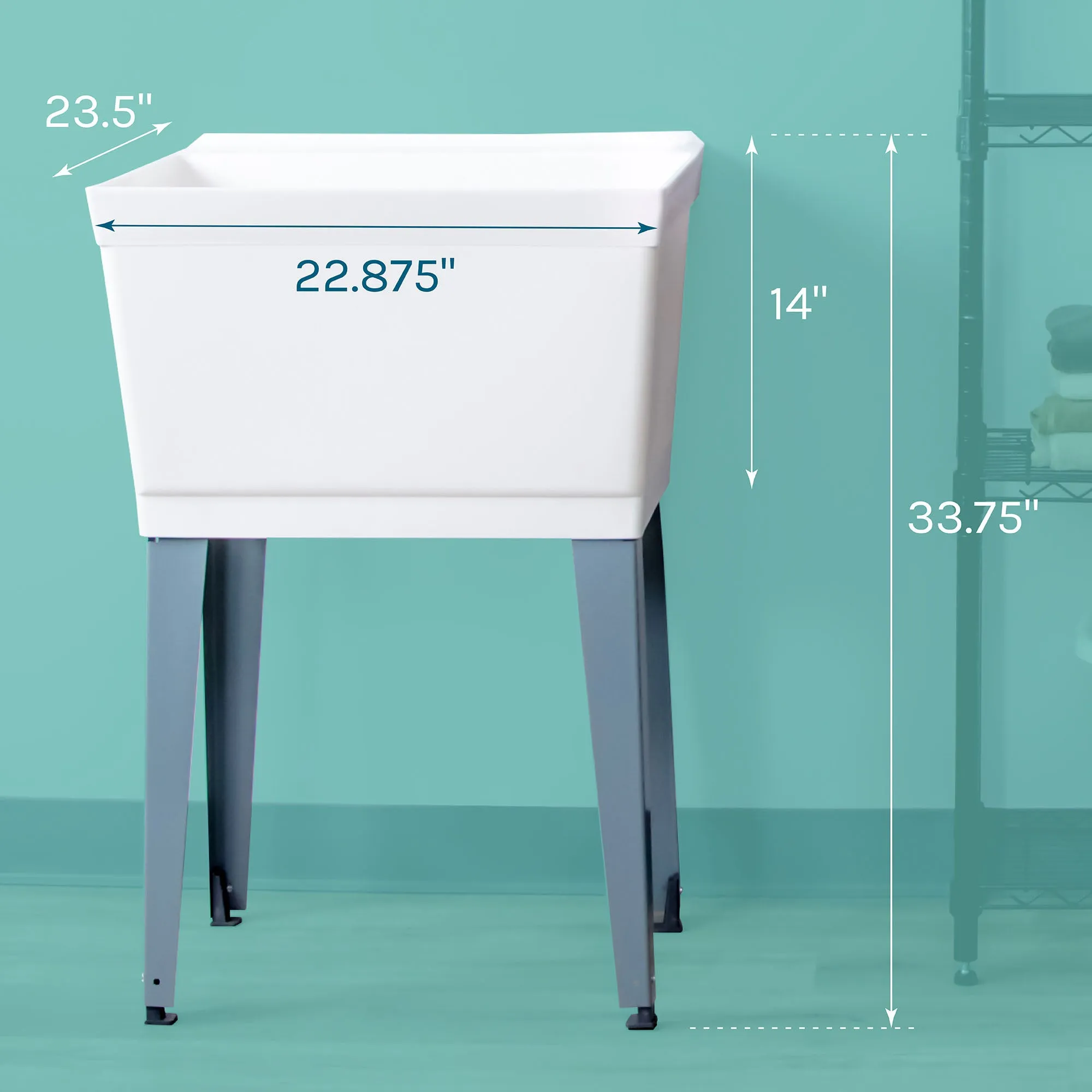 Tehila Standard Freestanding White Utility Sink with Grey Legs, Water Supply Lines Included