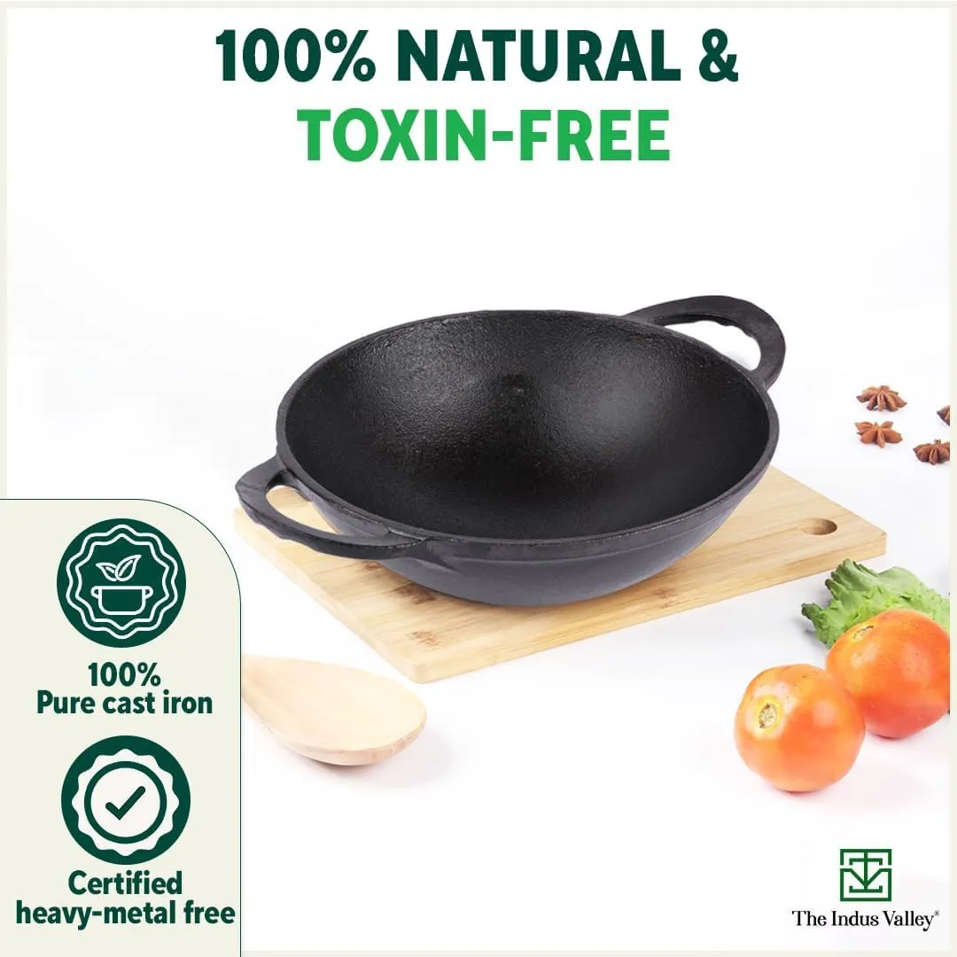 The Indus Valley Pre-Seasoned Cast Iron Cookware Set | Kadai (20.5cm/1.4L)   Kadai (25.6cm/2.2L) | Kitchen Cooking Combo Pots and Pans Set of 2Pcs | Naturally Nonstick