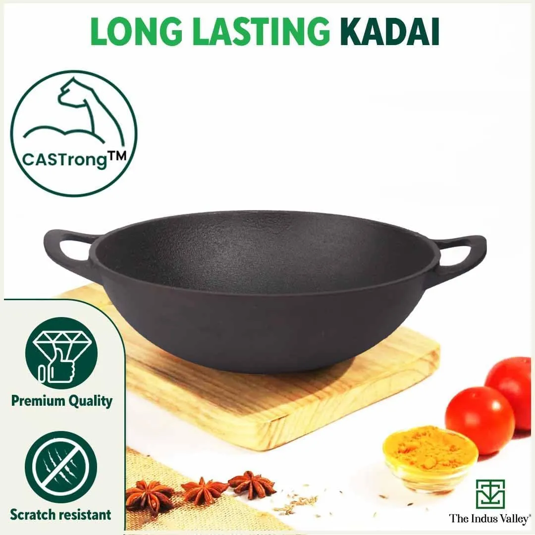 The Indus Valley Pre-Seasoned Cast Iron Cookware Set | Kadai (20.5cm/1.4L)   Kadai (25.6cm/2.2L) | Kitchen Cooking Combo Pots and Pans Set of 2Pcs | Naturally Nonstick