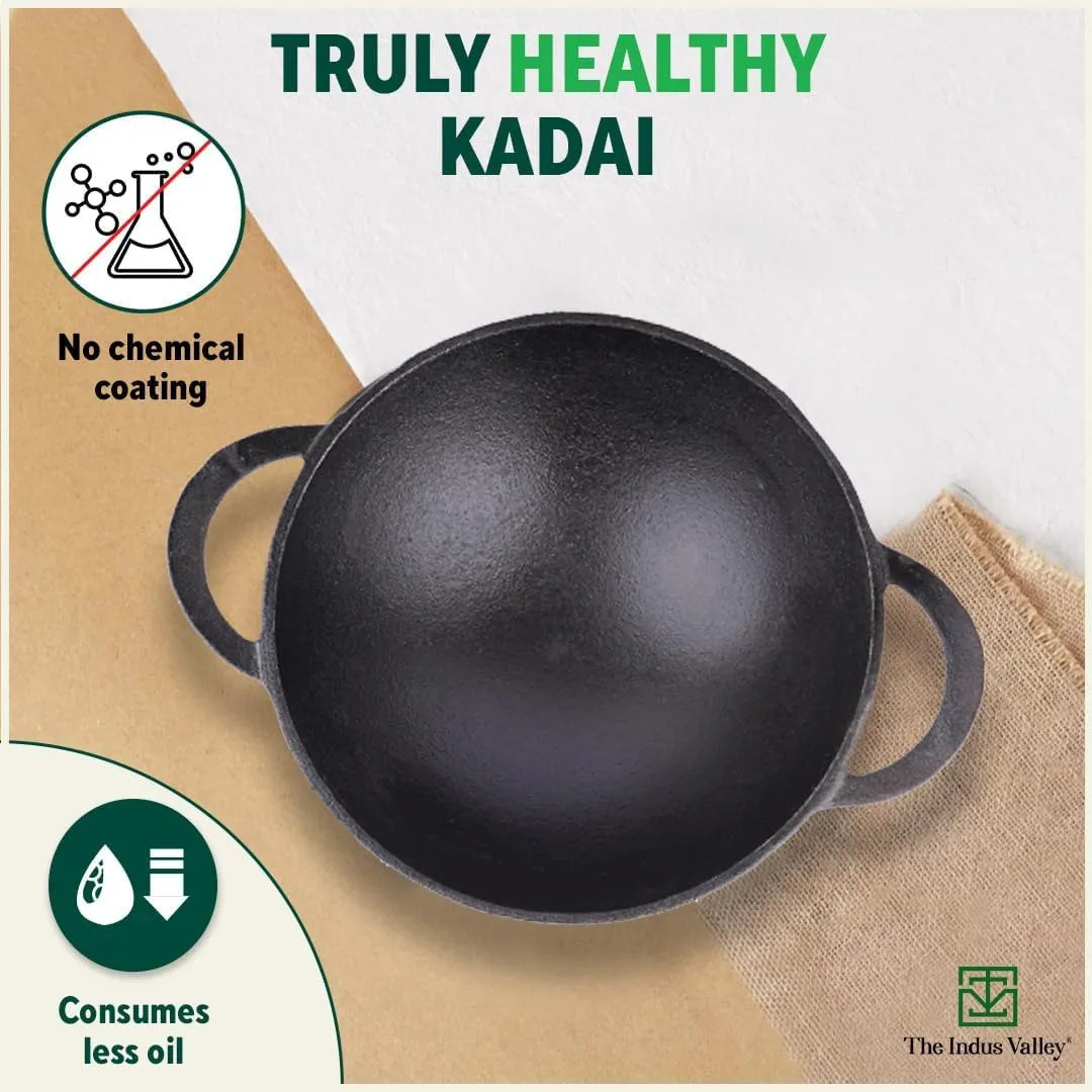 The Indus Valley Pre-Seasoned Cast Iron Cookware Set | Kadai (20.5cm/1.4L)   Kadai (25.6cm/2.2L) | Kitchen Cooking Combo Pots and Pans Set of 2Pcs | Naturally Nonstick