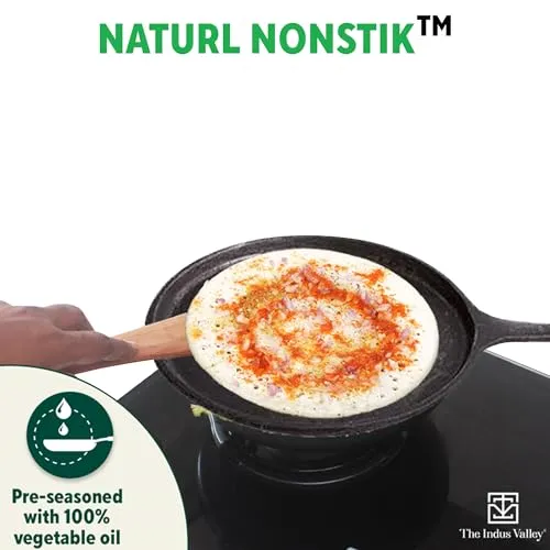 The Indus Valley Pre-Seasoned Cast Iron Tawa for Dosa/Chapathi | 25.7cm/10 inch, 2kg | Induction Friendly | Naturally Nonstick, 100% Pure & Toxin-Free, No Chemical Coating