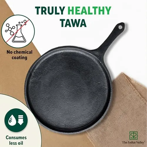 The Indus Valley Pre-Seasoned Cast Iron Tawa for Dosa/Chapathi | 25.7cm/10 inch, 2kg | Induction Friendly | Naturally Nonstick, 100% Pure & Toxin-Free, No Chemical Coating