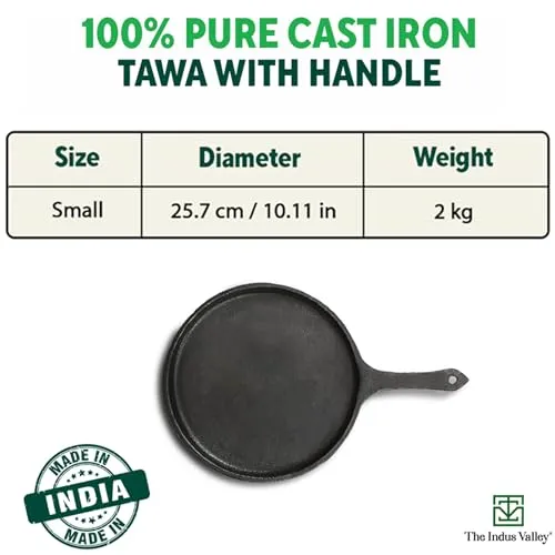 The Indus Valley Pre-Seasoned Cast Iron Tawa for Dosa/Chapathi | 25.7cm/10 inch, 2kg | Induction Friendly | Naturally Nonstick, 100% Pure & Toxin-Free, No Chemical Coating