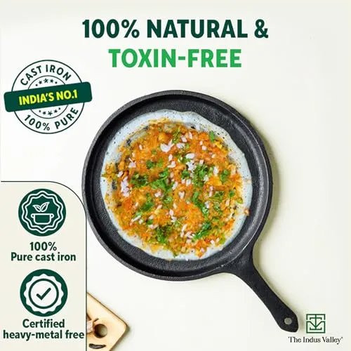 The Indus Valley Pre-Seasoned Cast Iron Tawa for Dosa/Chapathi | 25.7cm/10 inch, 2kg | Induction Friendly | Naturally Nonstick, 100% Pure & Toxin-Free, No Chemical Coating