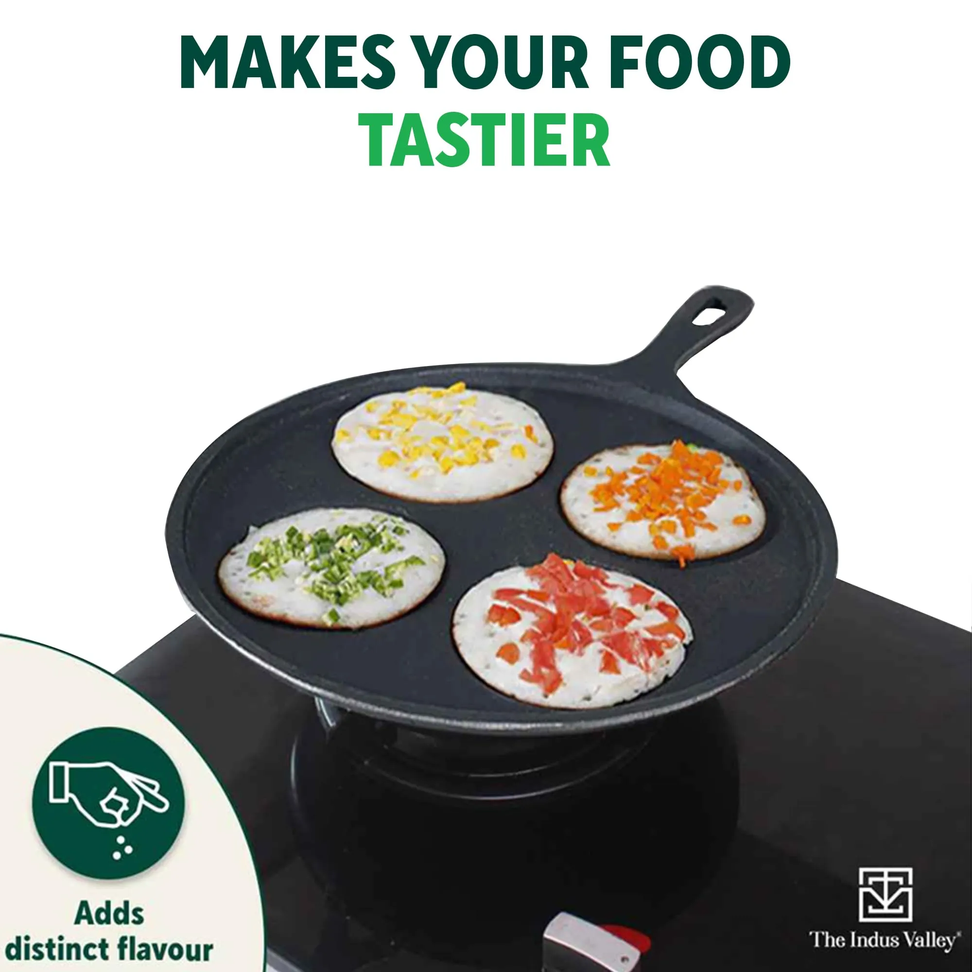 The Indus Valley Pre-Seasoned Cast Iron Uttapam Tawa | 4 Pit, 27.5cm/10.8 inch, 2.5kg | Induction Friendly | Naturally Nonstick, 100% Pure & Toxin-Free, No Chemical Coating