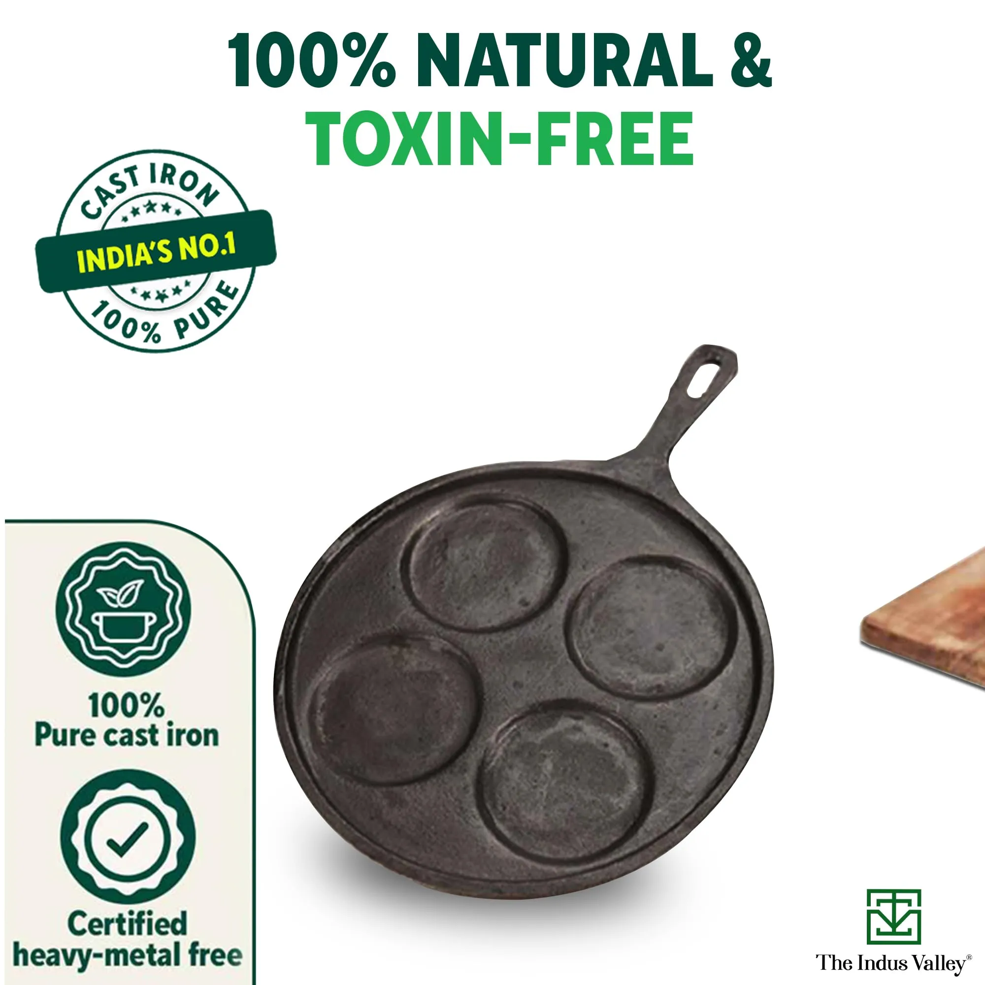 The Indus Valley Pre-Seasoned Cast Iron Uttapam Tawa | 4 Pit, 27.5cm/10.8 inch, 2.5kg | Induction Friendly | Naturally Nonstick, 100% Pure & Toxin-Free, No Chemical Coating