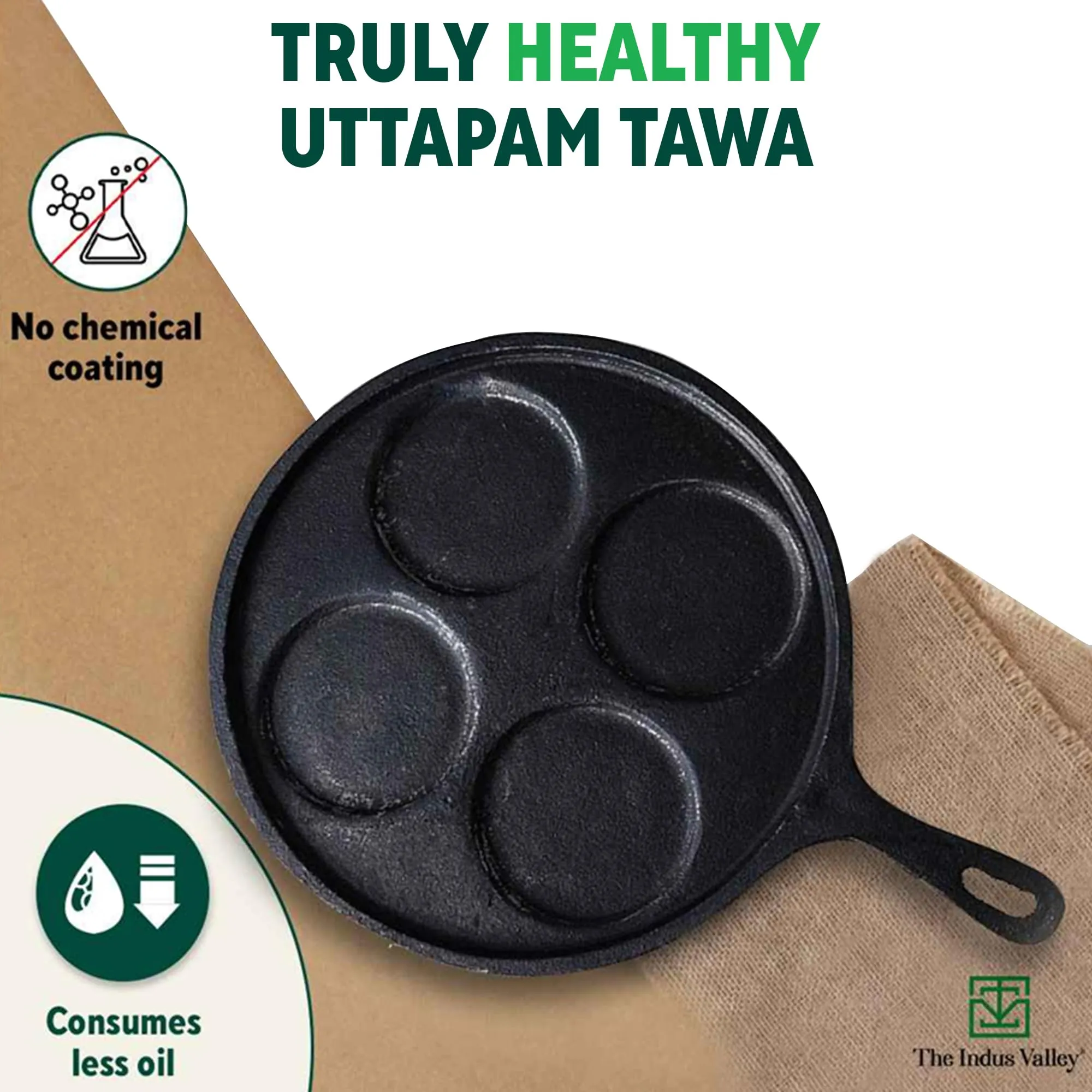 The Indus Valley Pre-Seasoned Cast Iron Uttapam Tawa | 4 Pit, 27.5cm/10.8 inch, 2.5kg | Induction Friendly | Naturally Nonstick, 100% Pure & Toxin-Free, No Chemical Coating