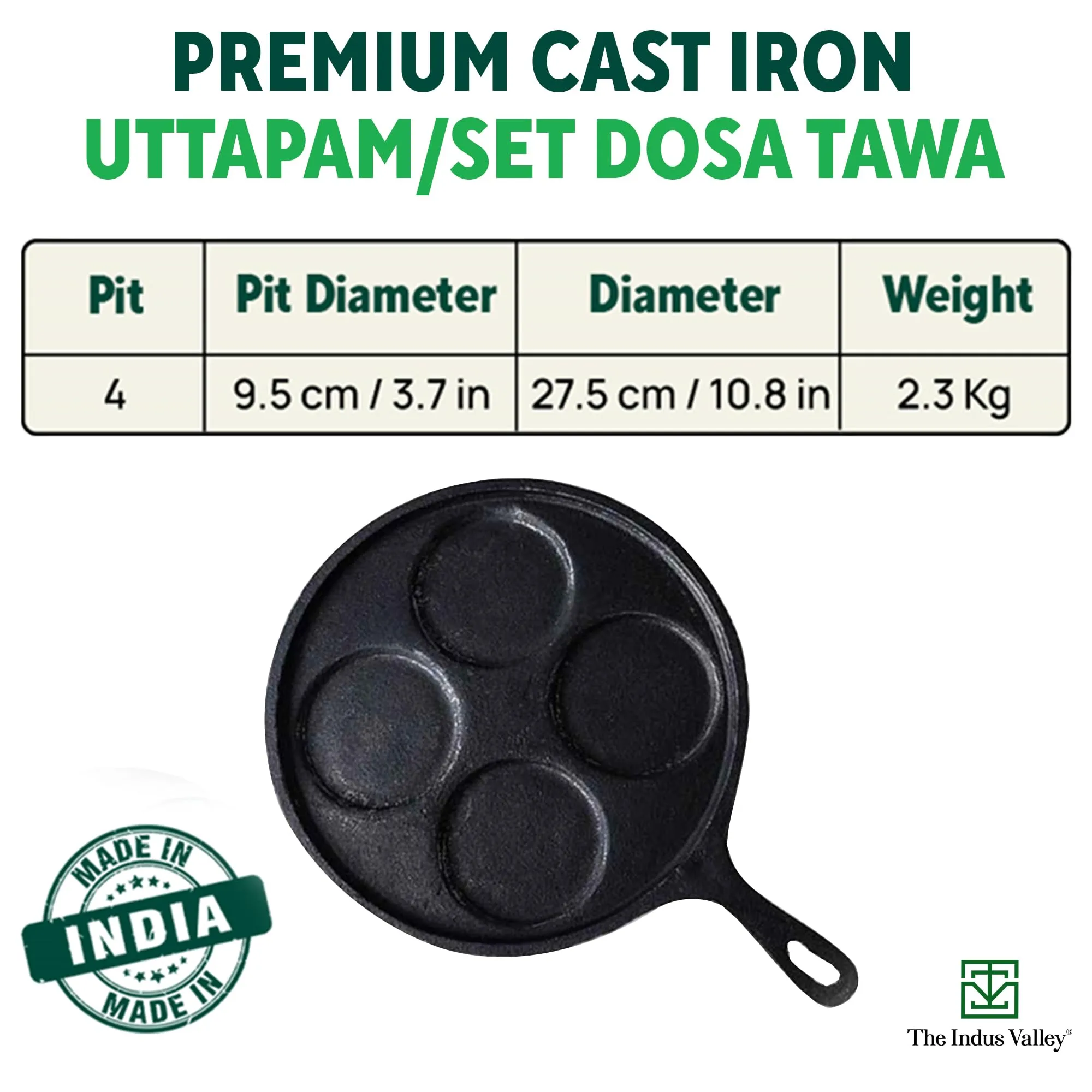 The Indus Valley Pre-Seasoned Cast Iron Uttapam Tawa | 4 Pit, 27.5cm/10.8 inch, 2.5kg | Induction Friendly | Naturally Nonstick, 100% Pure & Toxin-Free, No Chemical Coating