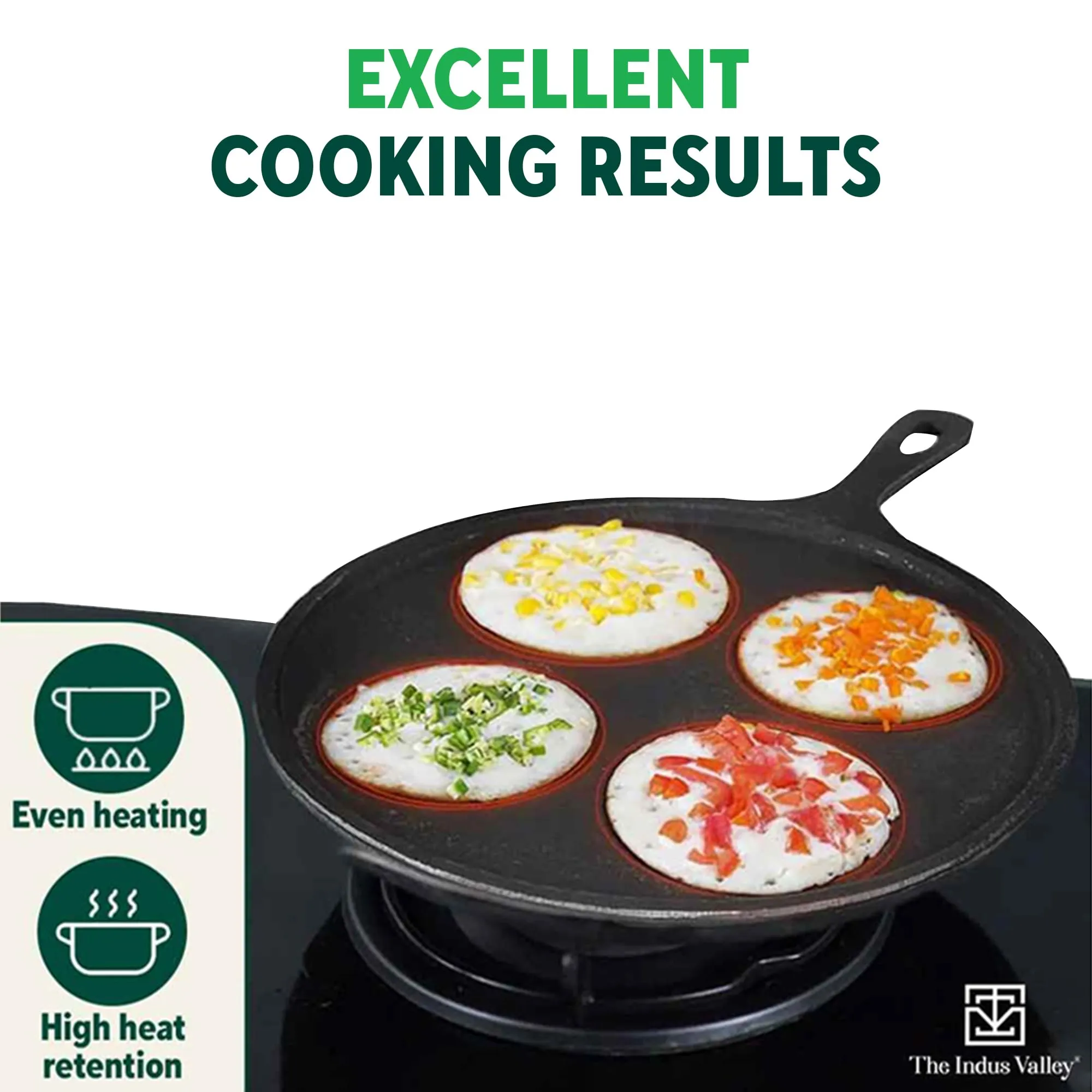 The Indus Valley Pre-Seasoned Cast Iron Uttapam Tawa | 4 Pit, 27.5cm/10.8 inch, 2.5kg | Induction Friendly | Naturally Nonstick, 100% Pure & Toxin-Free, No Chemical Coating