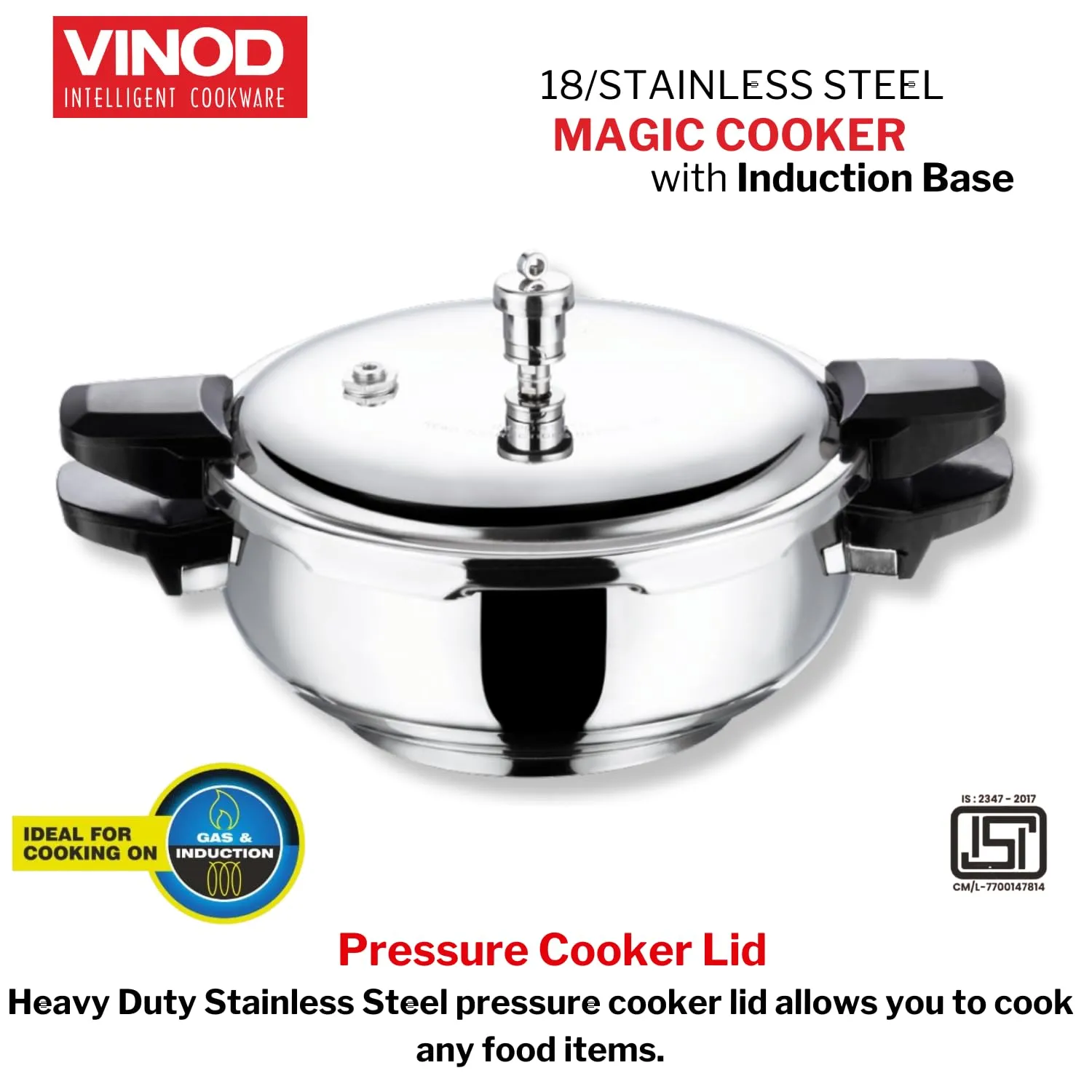 Vinod Magic Stainless Steel Smart 3 in 1 Pressure Cooker 5.5 Litre | 5mm Thick Base | All in One Cooker with Strainer & Glass Lid | Induction and Gas Base | ISI certified | 2 Years Warranty