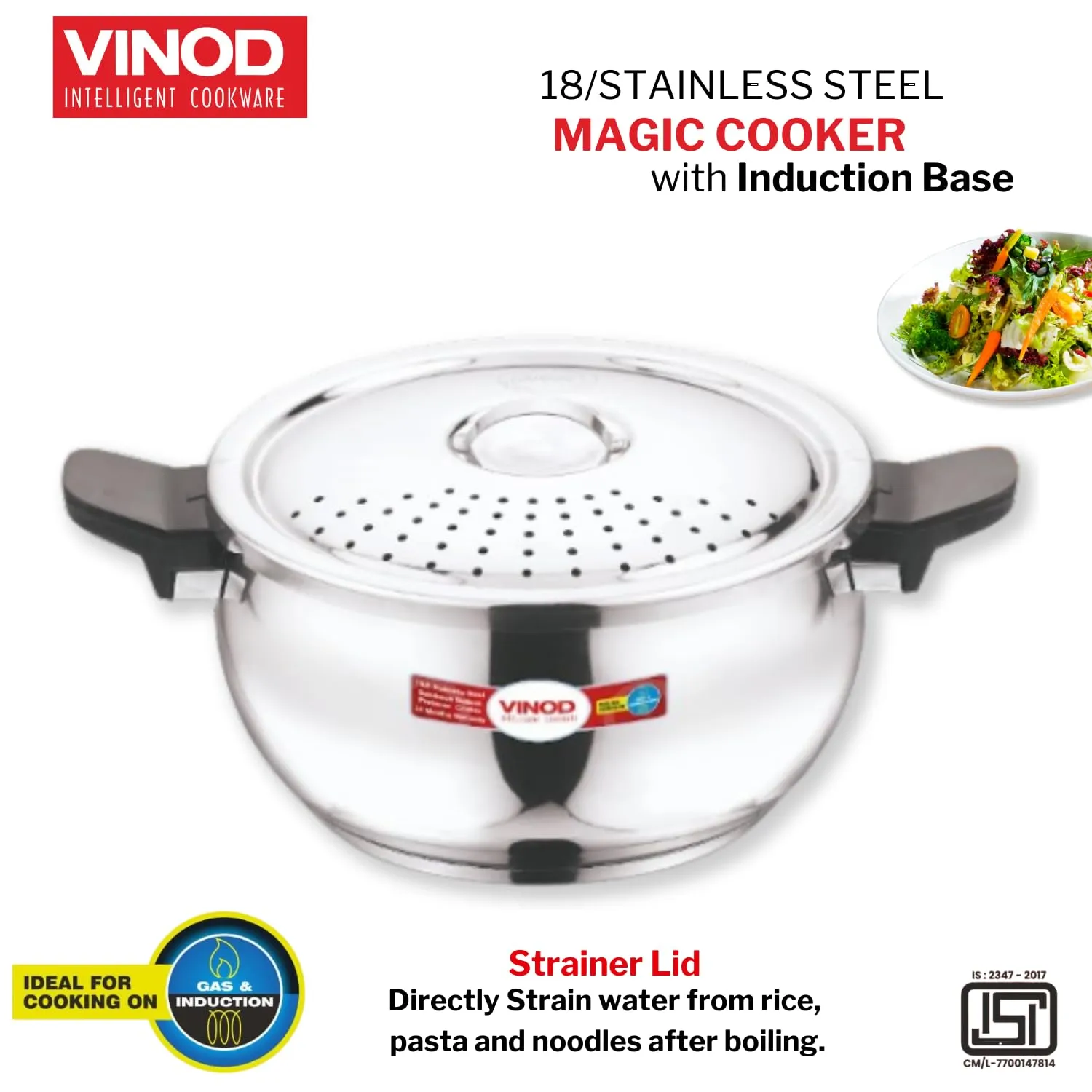 Vinod Magic Stainless Steel Smart 3 in 1 Pressure Cooker 5.5 Litre | 5mm Thick Base | All in One Cooker with Strainer & Glass Lid | Induction and Gas Base | ISI certified | 2 Years Warranty