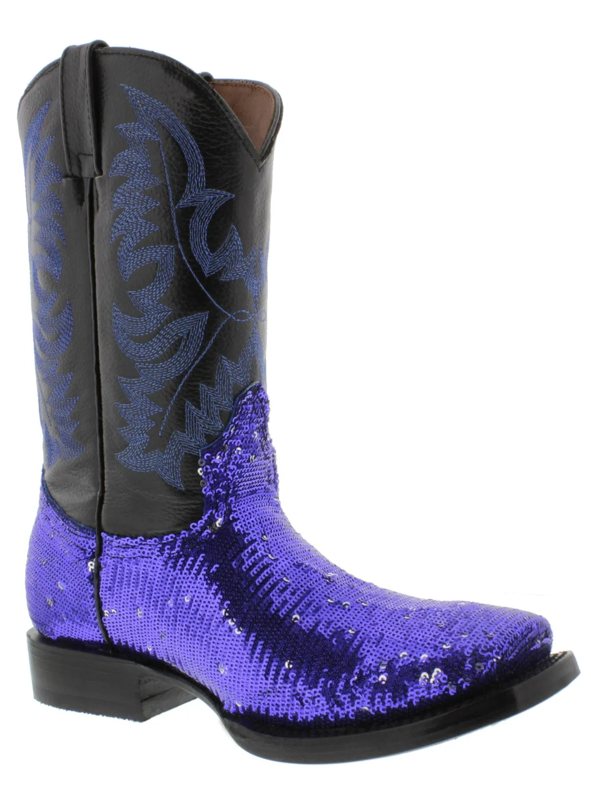 Women's Blue Sequins Western Rodeo Cowboy Boots Square Toe